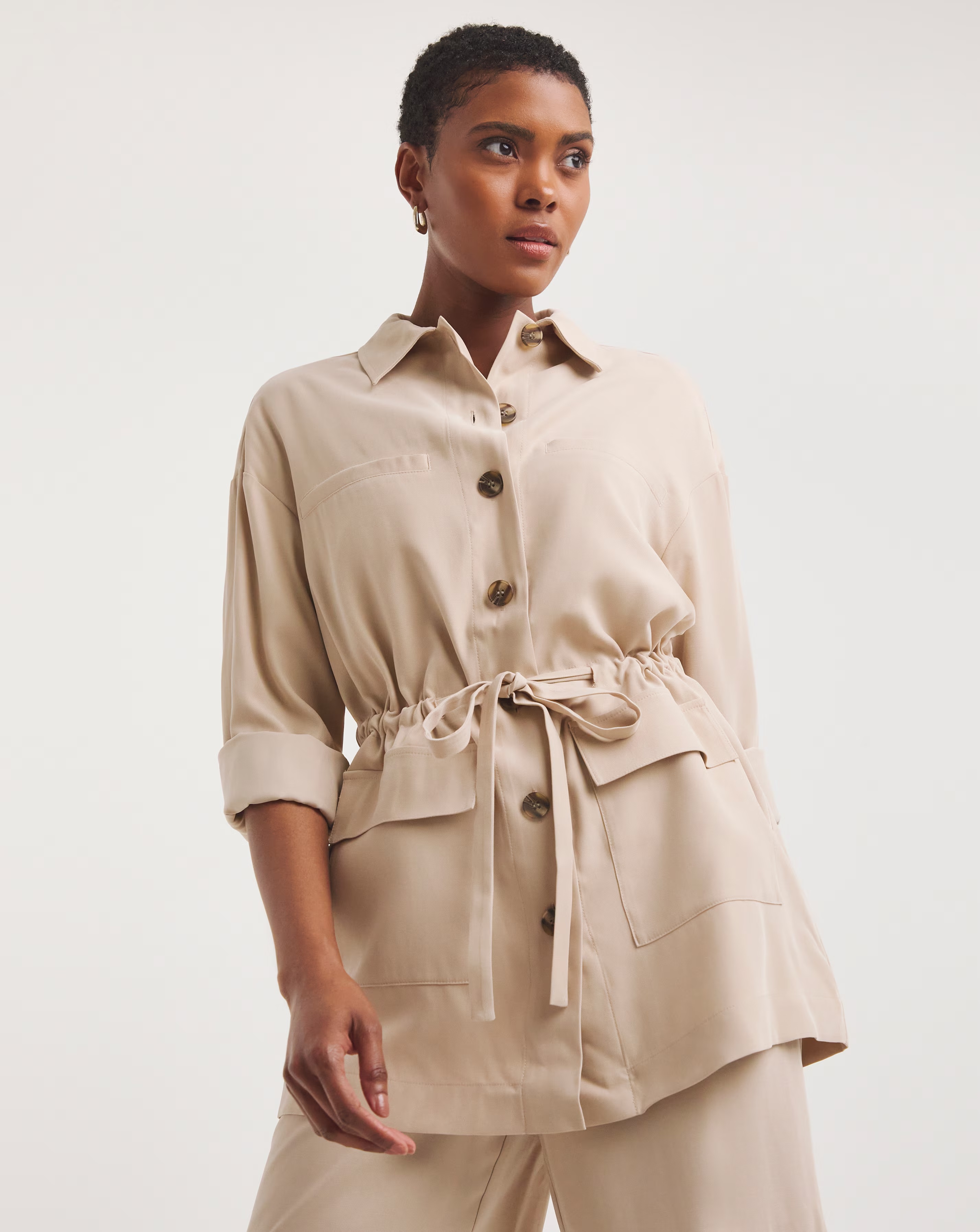 Stone Twill Tie Waist Overshirt