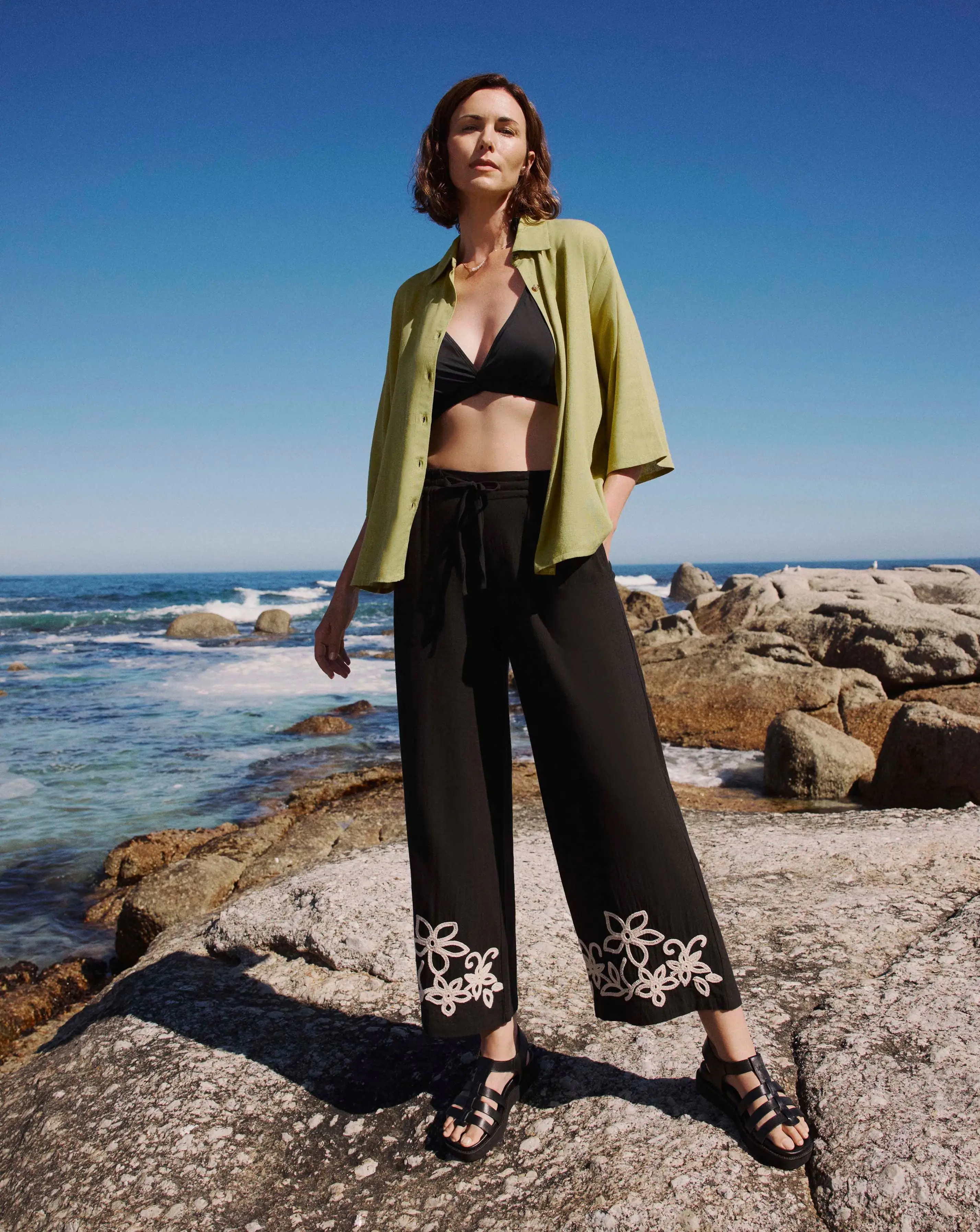 Black Cotton Cornelli Embroidered Wide Leg Trousers