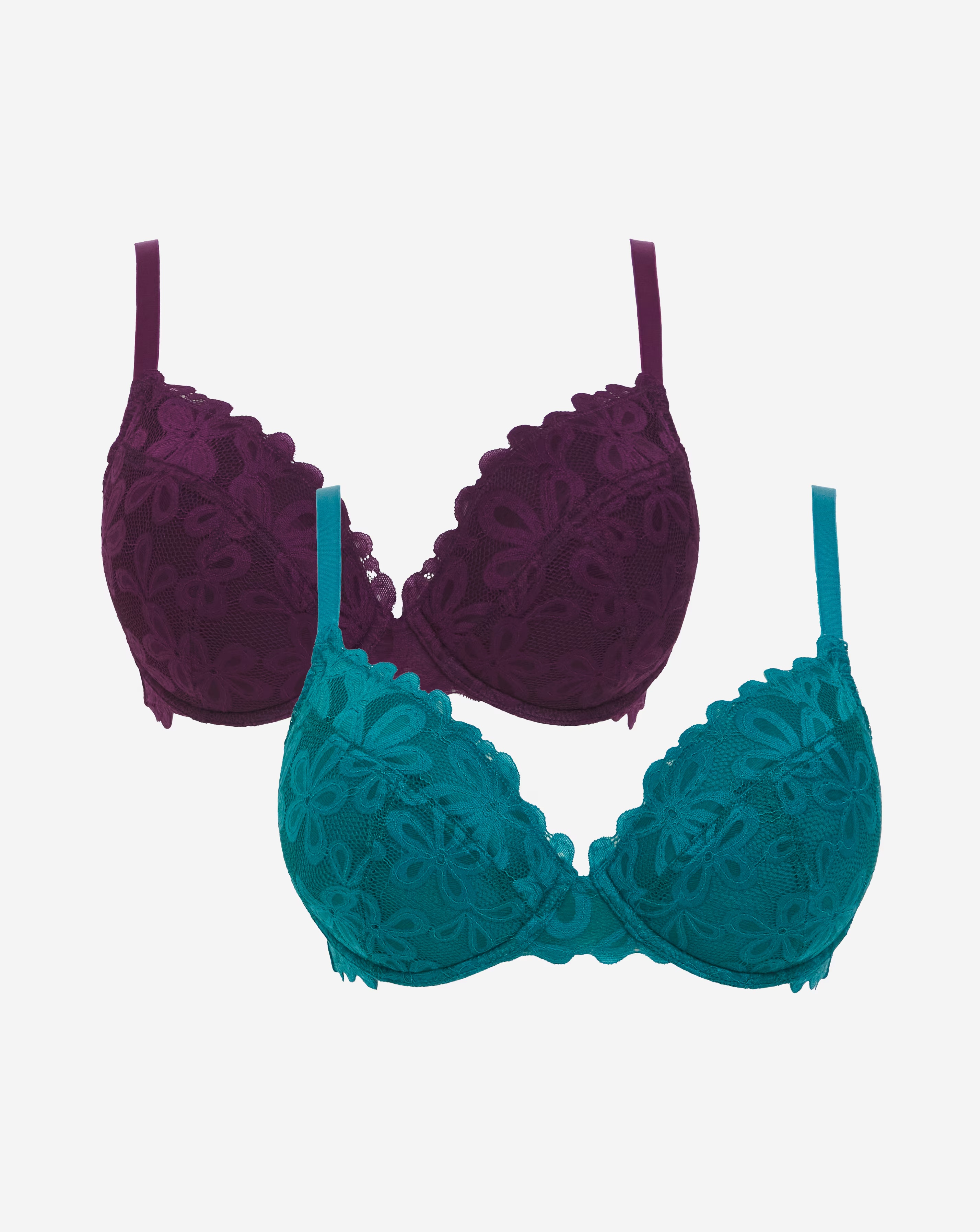 Pretty Secrets (2 Pack) Daisy Lace Plunge Bras (B-F) Green/Plum 6 Pretty Secrets (2 Pack) Daisy Lace Plunge Bras (B-F) Green/Plum