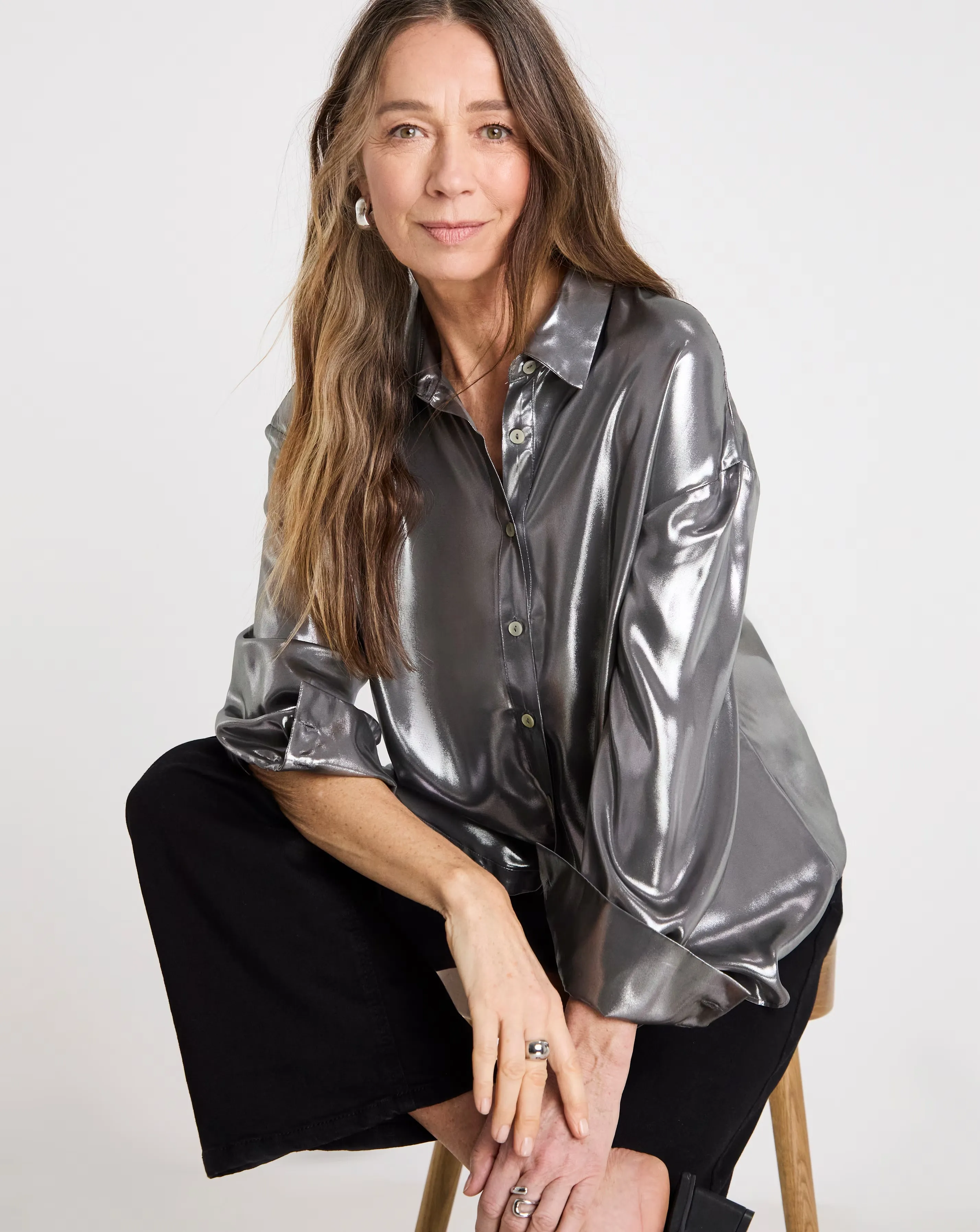 Womens Metallic Long Sleeve Shirt - Silver 1 Womens Metallic Long Sleeve Shirt - Silver