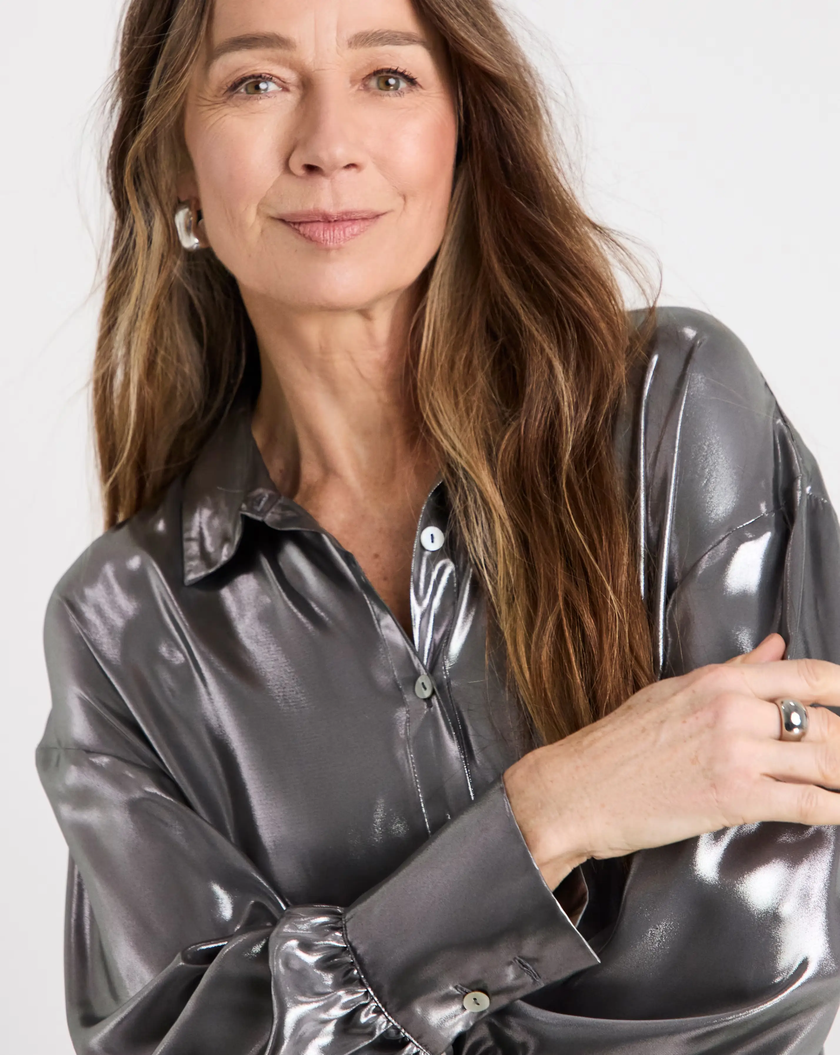 Womens Metallic Long Sleeve Shirt - Silver 3 Womens Metallic Long Sleeve Shirt - Silver