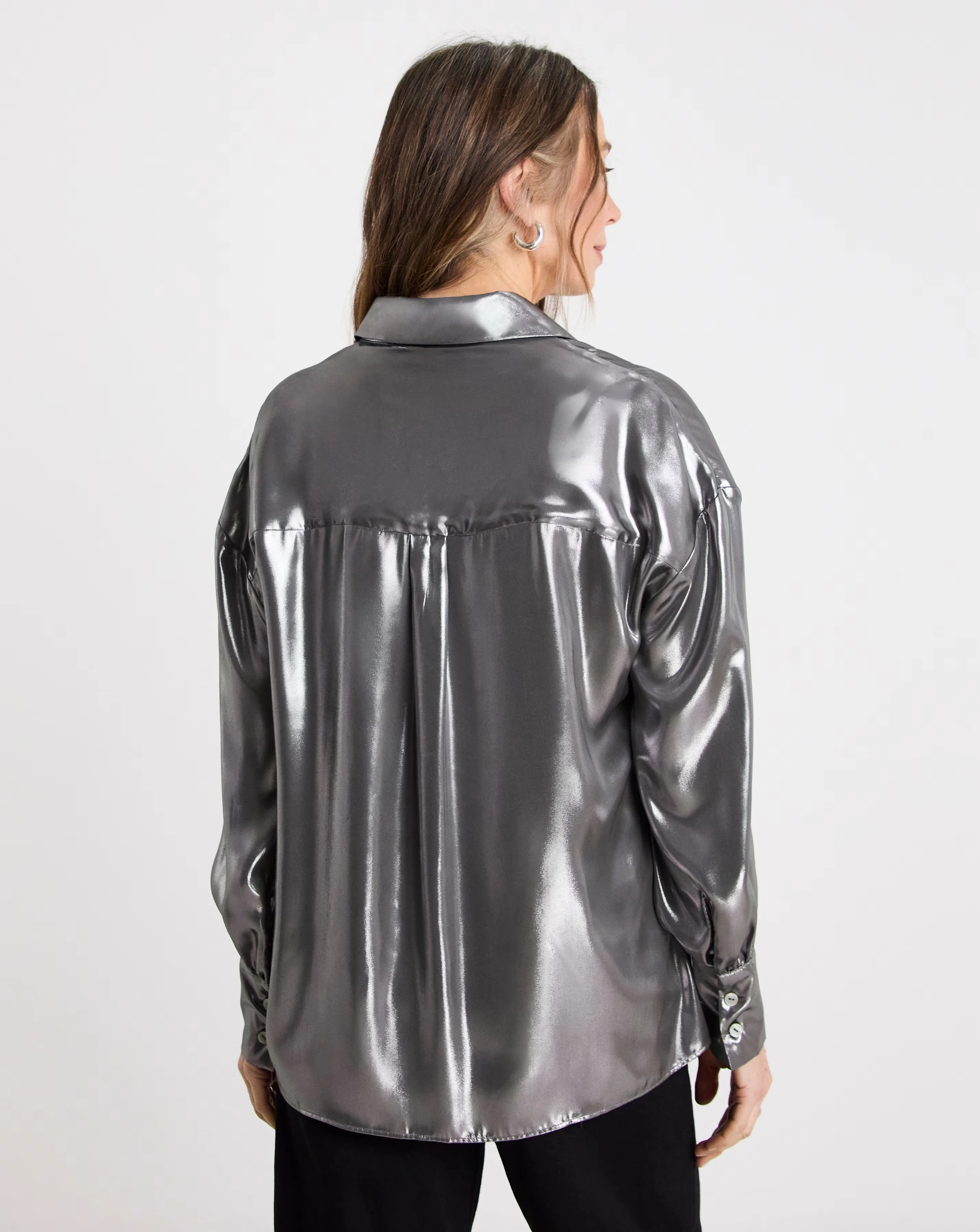 Womens Metallic Long Sleeve Shirt - Silver 4 Womens Metallic Long Sleeve Shirt - Silver
