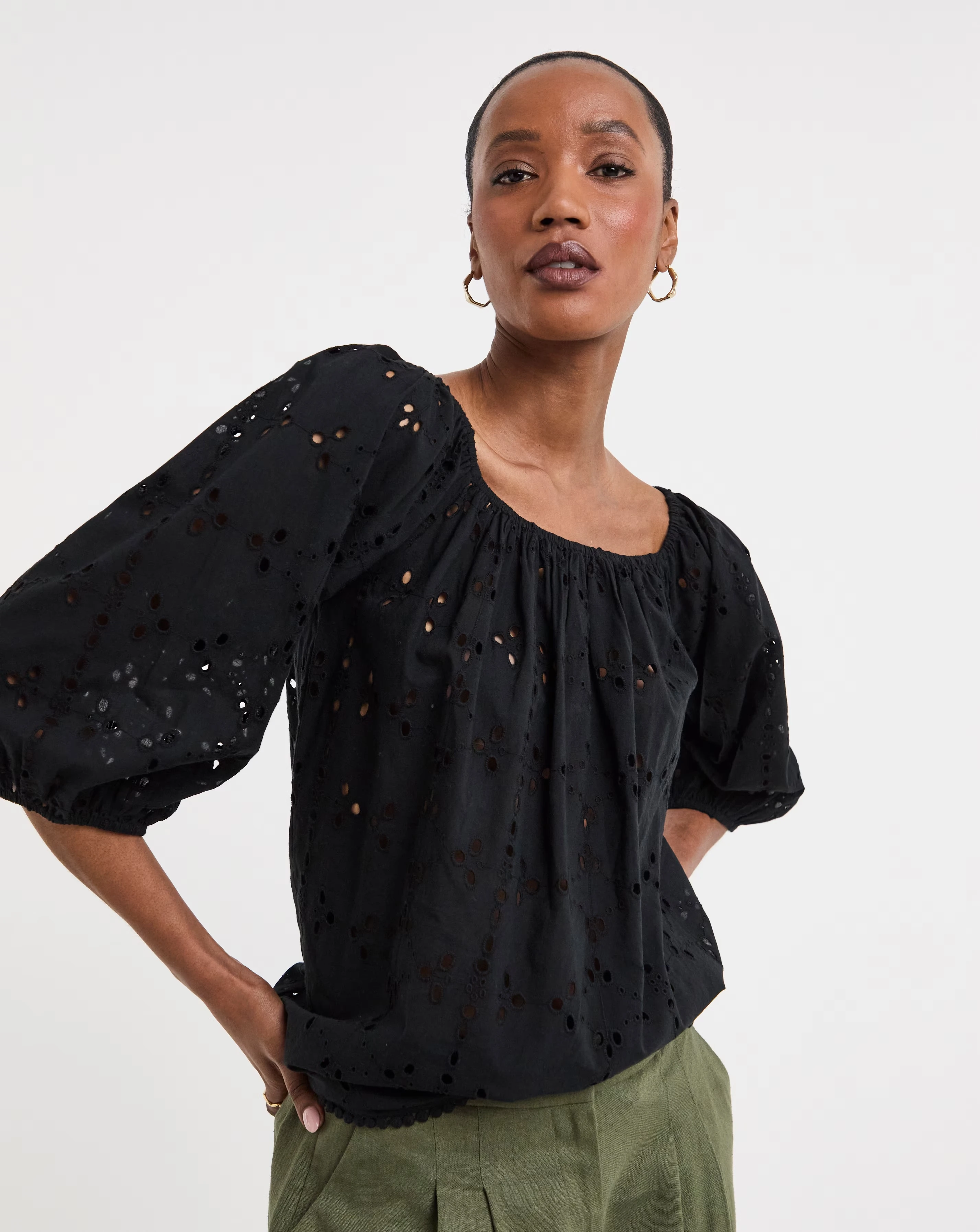 Pure Cotton Broderie Elasticated Neckline Top 1 Pure Cotton Broderie Elasticated Neckline Top