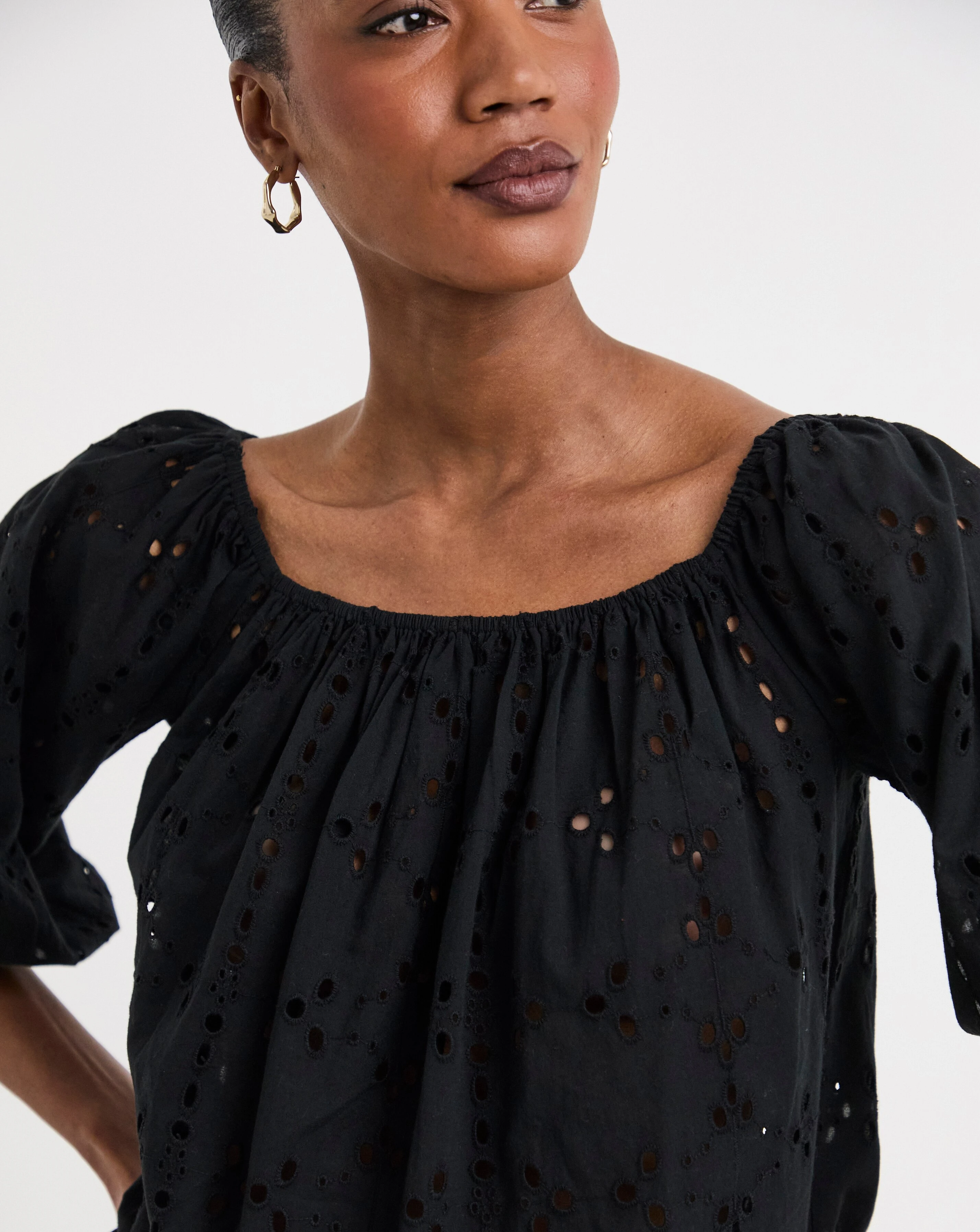 Pure Cotton Broderie Elasticated Neckline Top 3 Pure Cotton Broderie Elasticated Neckline Top