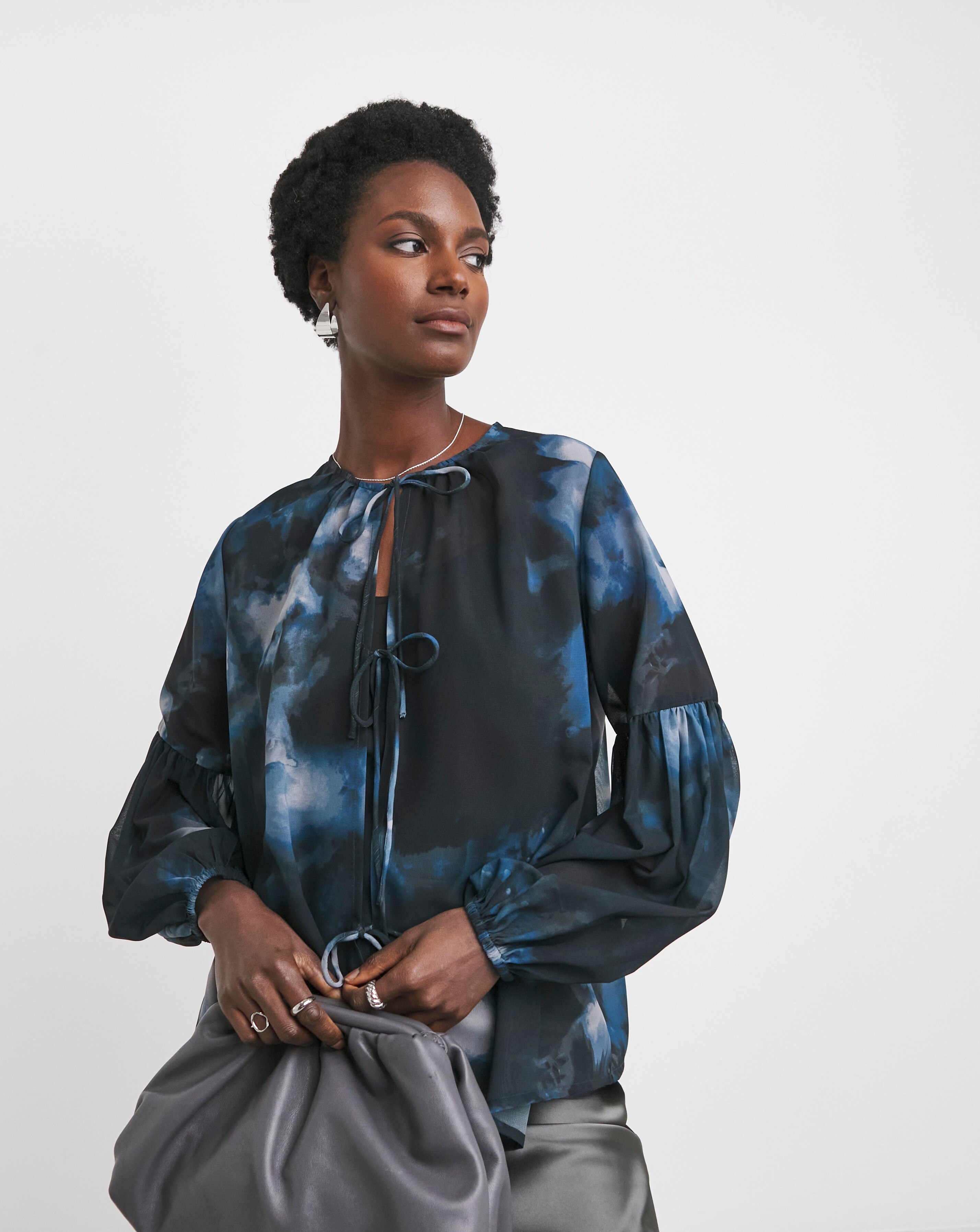 Womens Georgette Tie Detail Collarless Blouse - Abstract Print 3 Womens Georgette Tie Detail Collarless Blouse - Abstract Print