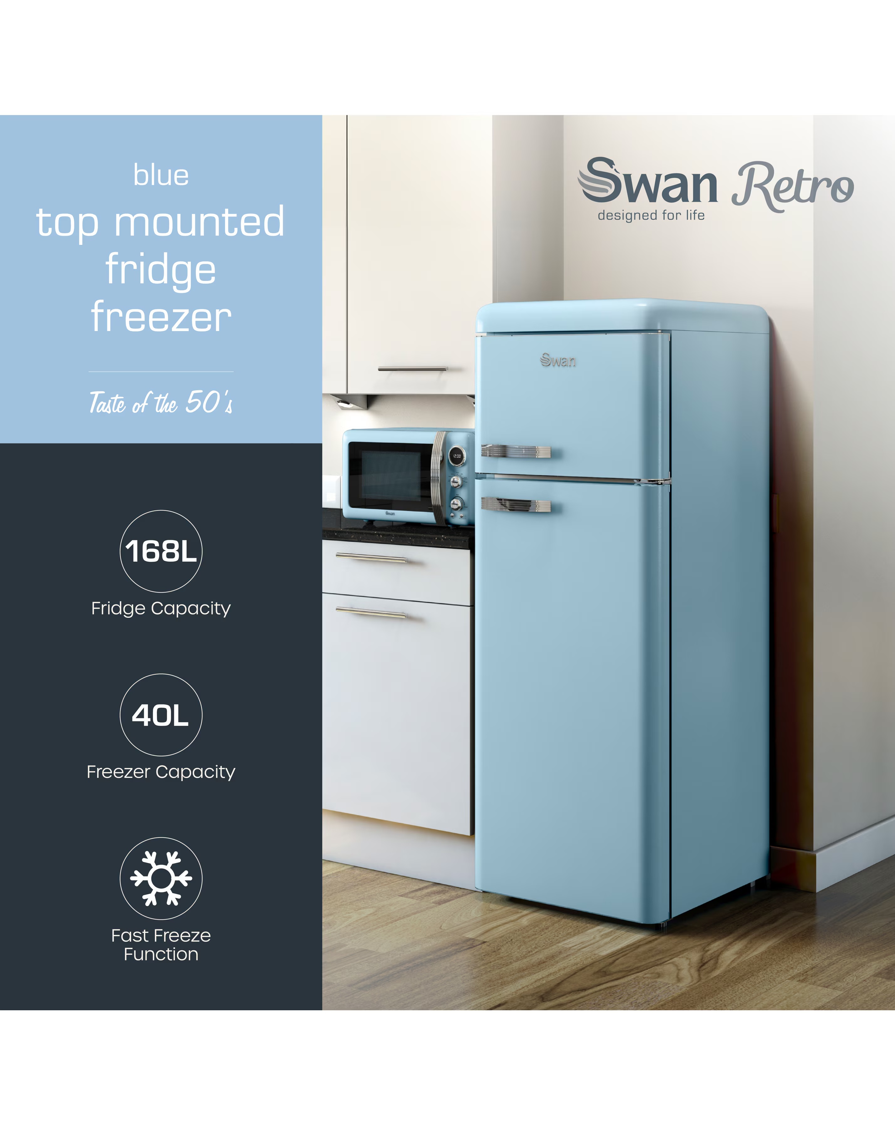 Swan SR11010BLNE Retro 30/70 Top Mounted Fridge Freezer - Blue 2 Swan SR11010BLNE Retro 30/70 Top Mounted Fridge Freezer - Blue