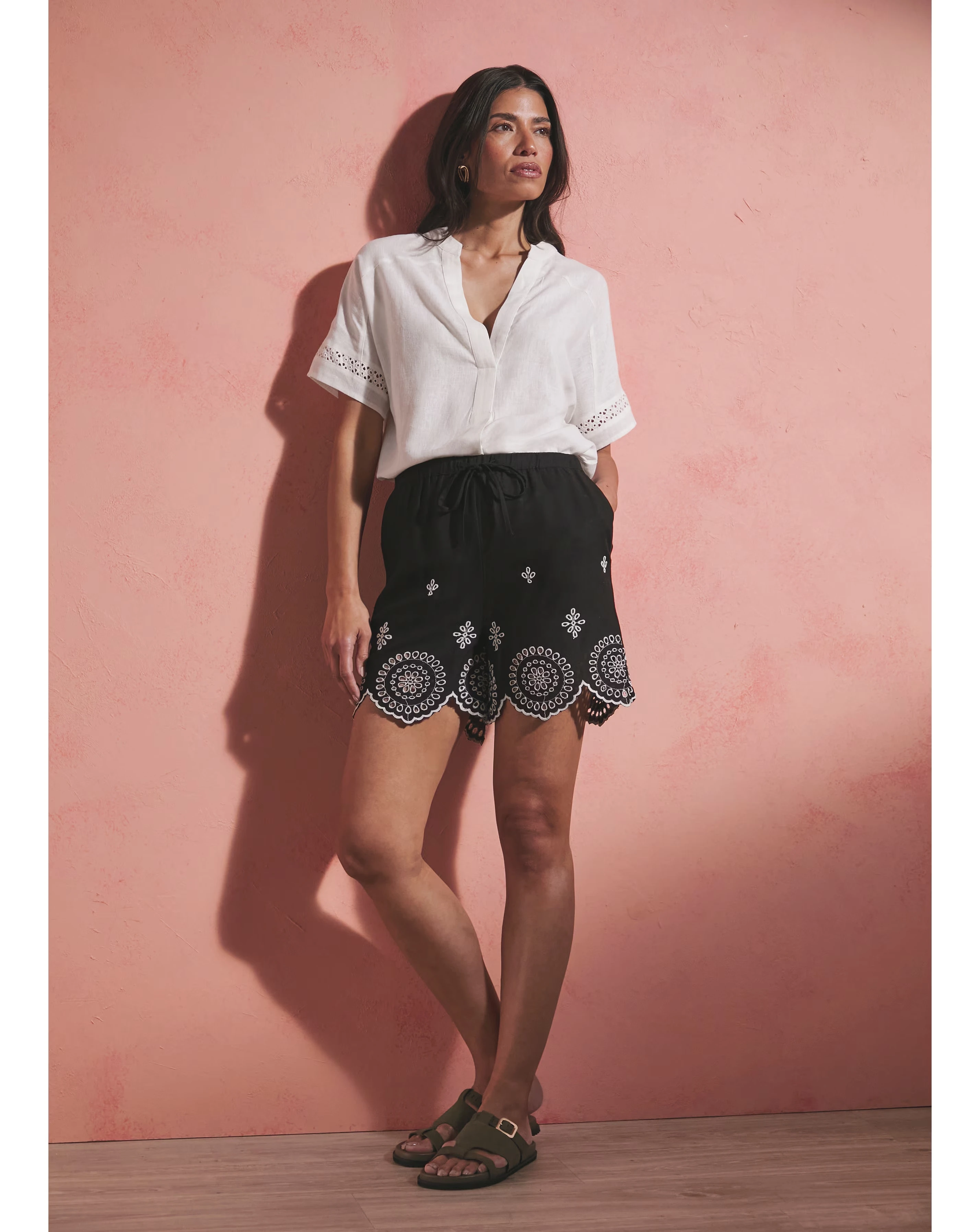 Black Linen Mix Broderie Hem Shorts