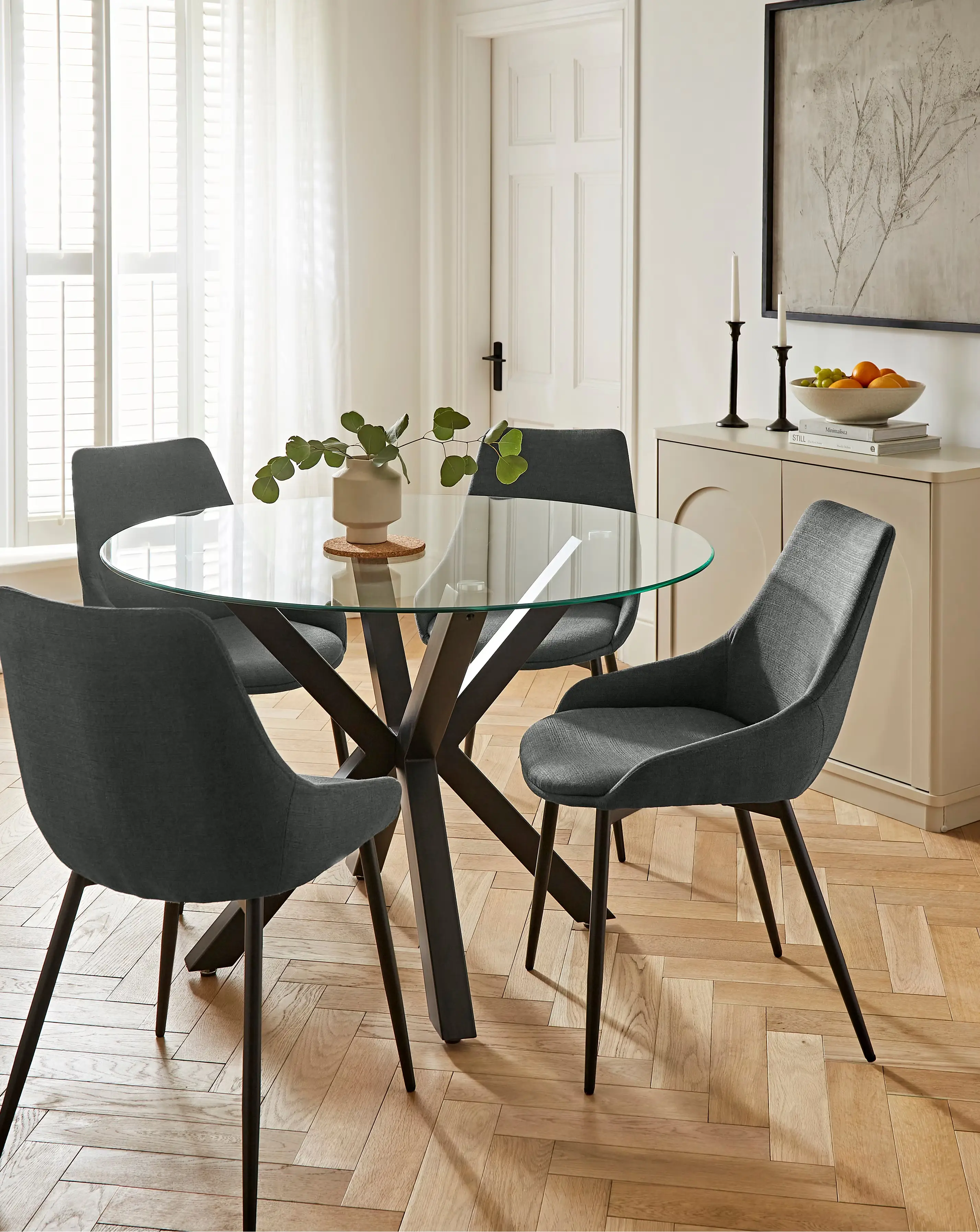 Bodie Black Dining Table with 4 Etta Fabric Chairs