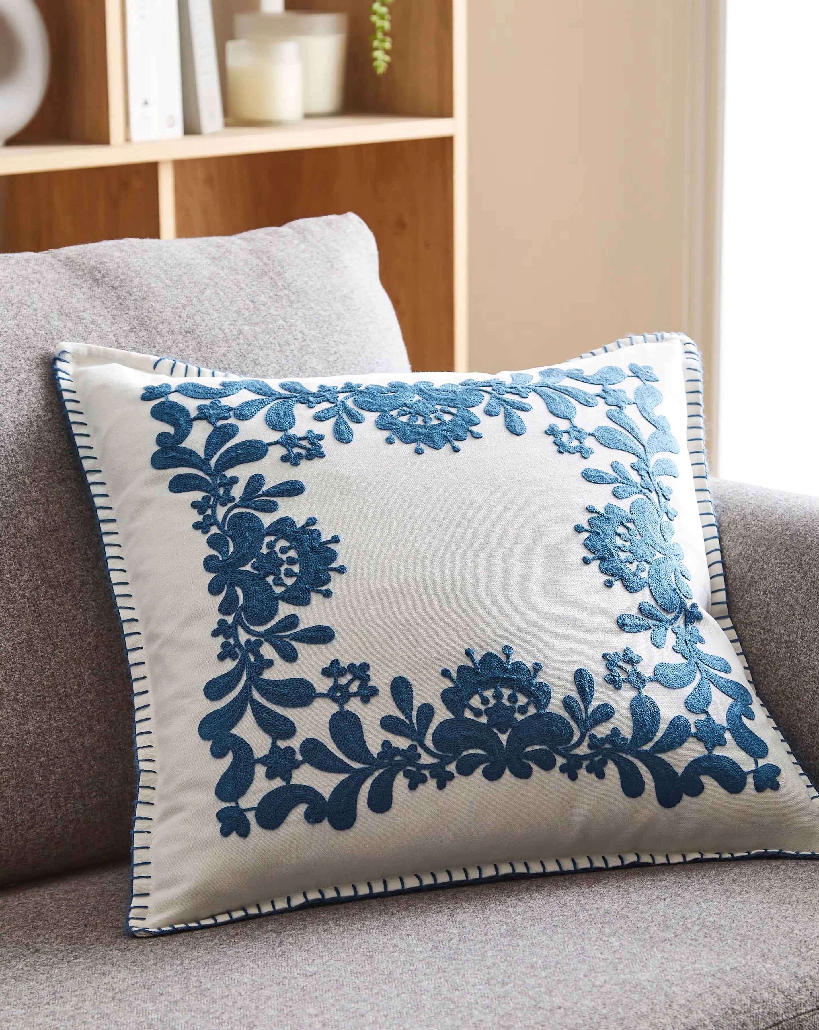 Mia Embroidered Border Floral Cushion