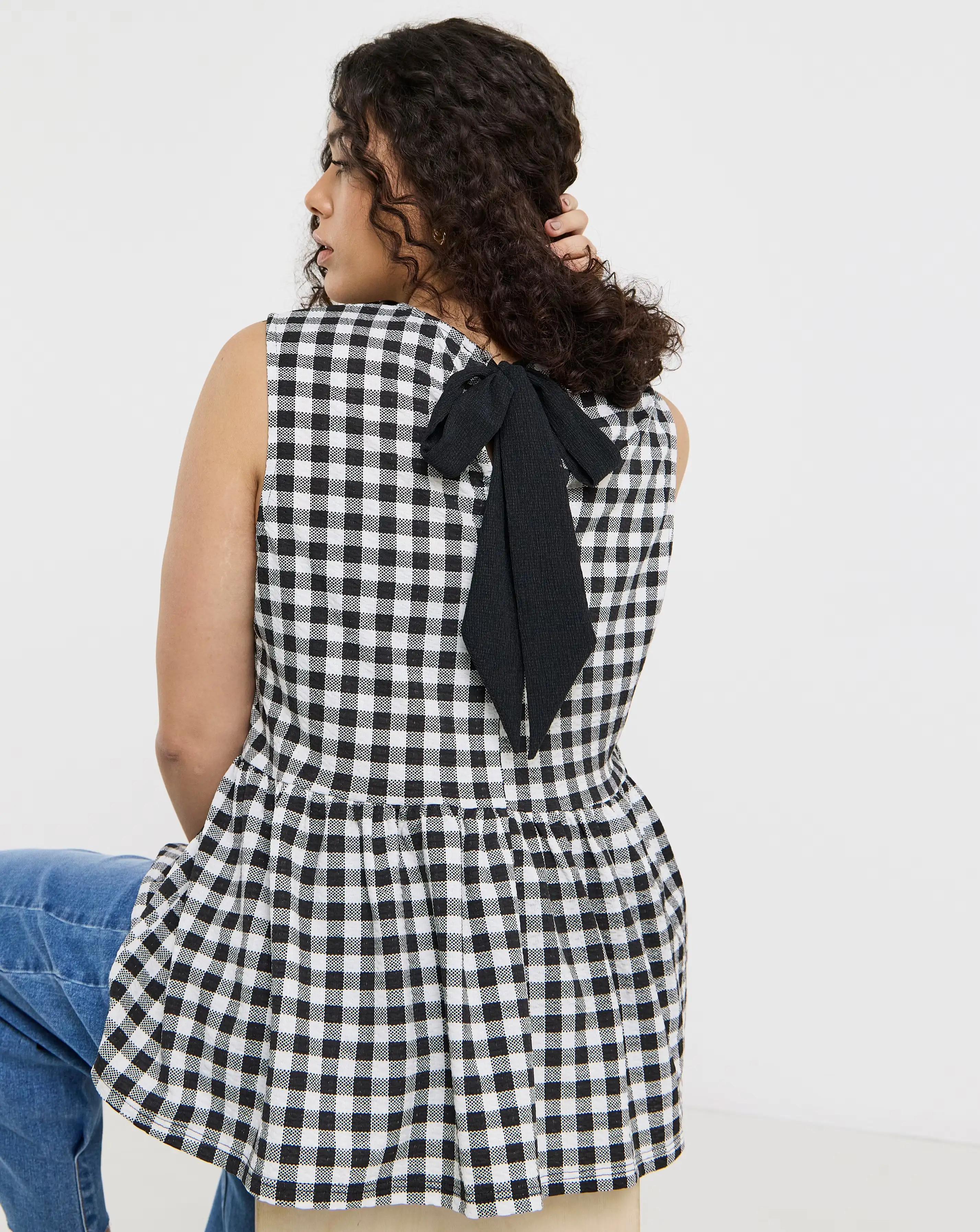Simply Be Black & White Gingham Peplum Bow Back Top 1 Simply Be Black & White Gingham Peplum Bow Back Top