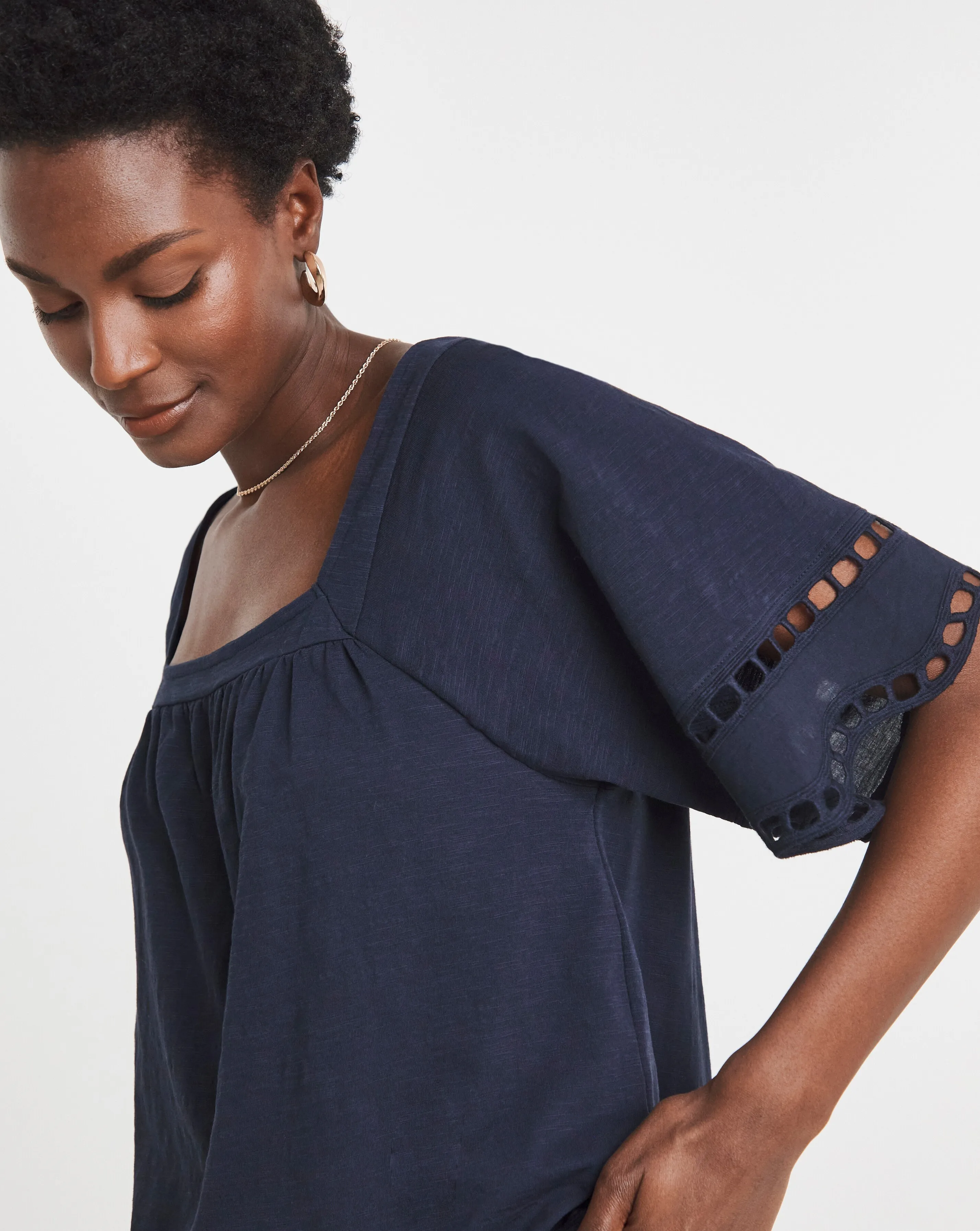 Pure Cotton Square Neck Broderie Sleeve and Hem Top 3 Pure Cotton Square Neck Broderie Sleeve and Hem Top