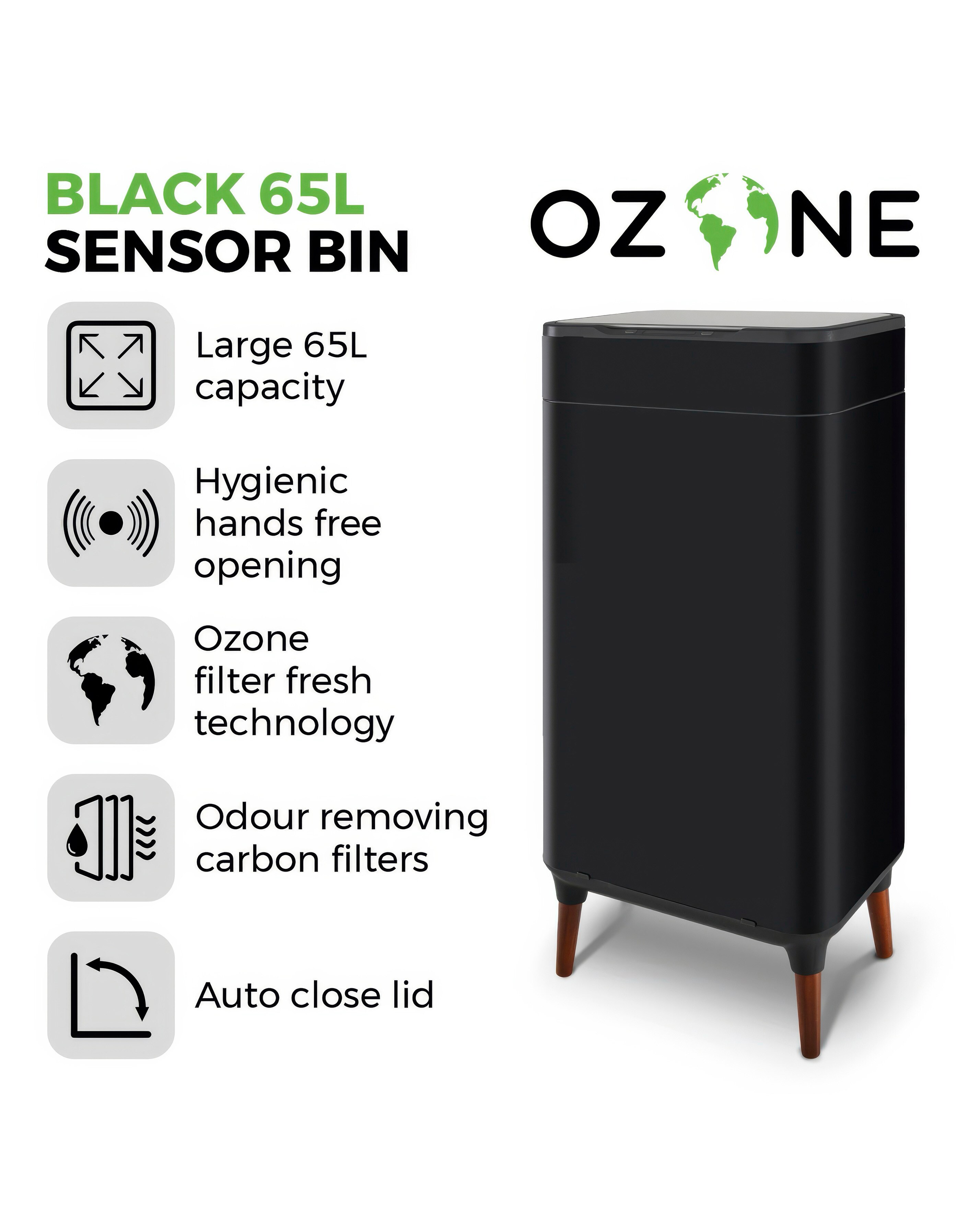 Tower 65l Ozone Sensor Bin - Black 10 Tower 65l Ozone Sensor Bin - Black