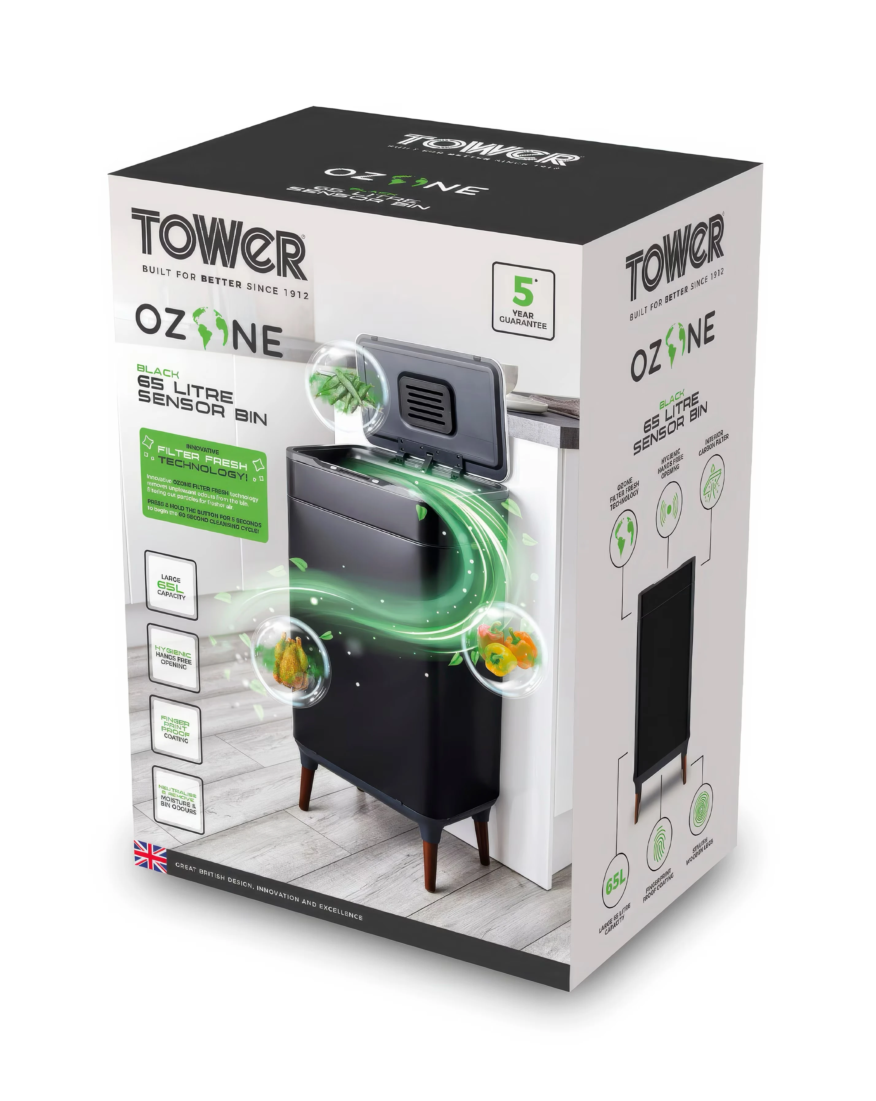 Tower 65l Ozone Sensor Bin - Black 2 Tower 65l Ozone Sensor Bin - Black