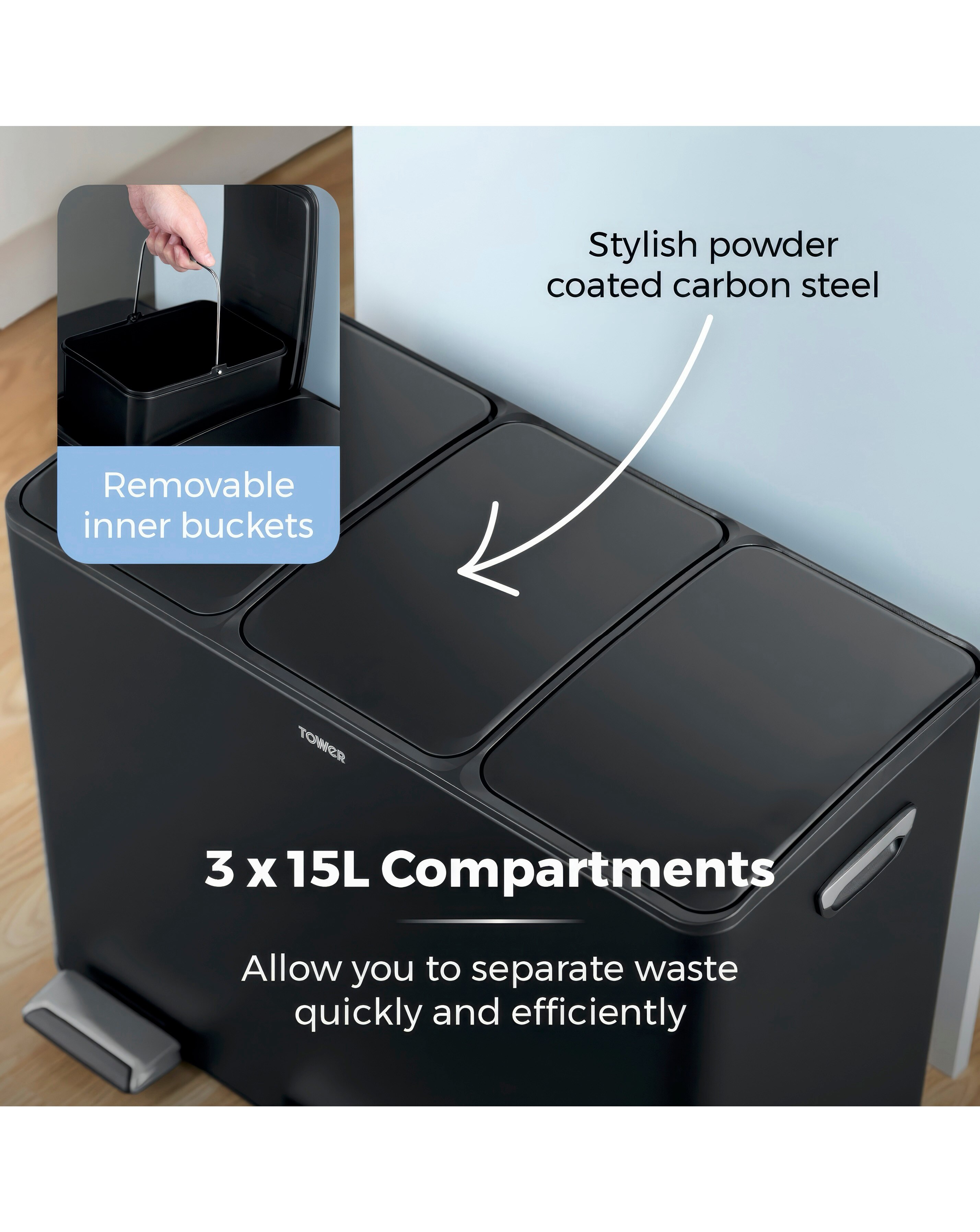 Tower 45L Black Recycling Pedal Bin 5 Tower 45L Black Recycling Pedal Bin