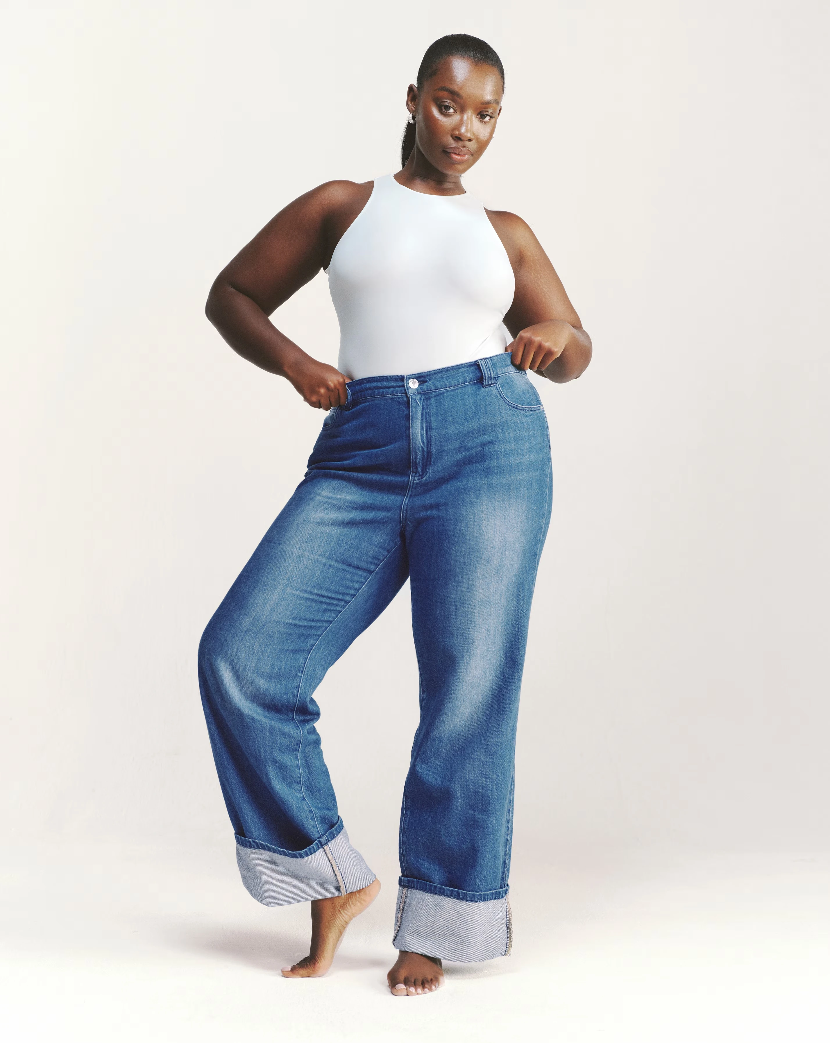 Simply Be Mid Blue Straight Leg Turn Up Drape Jeans