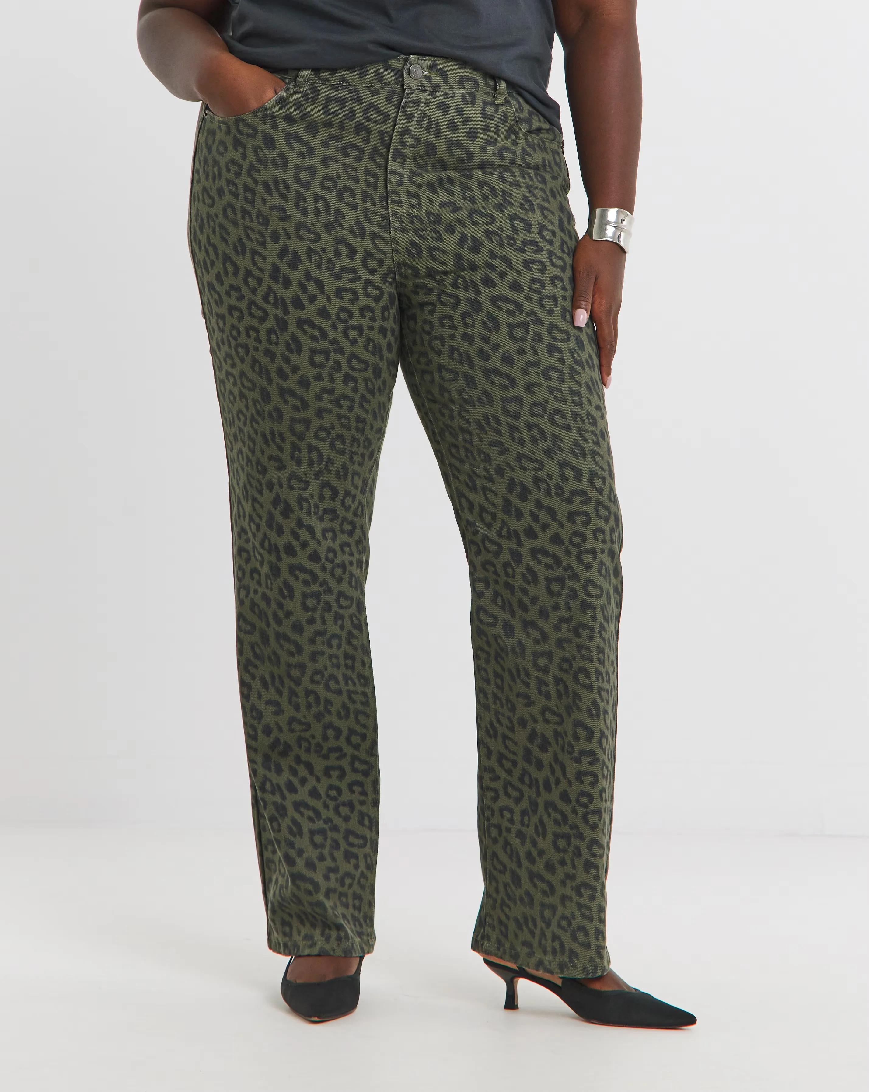 Simply Be Olive Leopard Straight Leg Jeans 2 Simply Be Olive Leopard Straight Leg Jeans