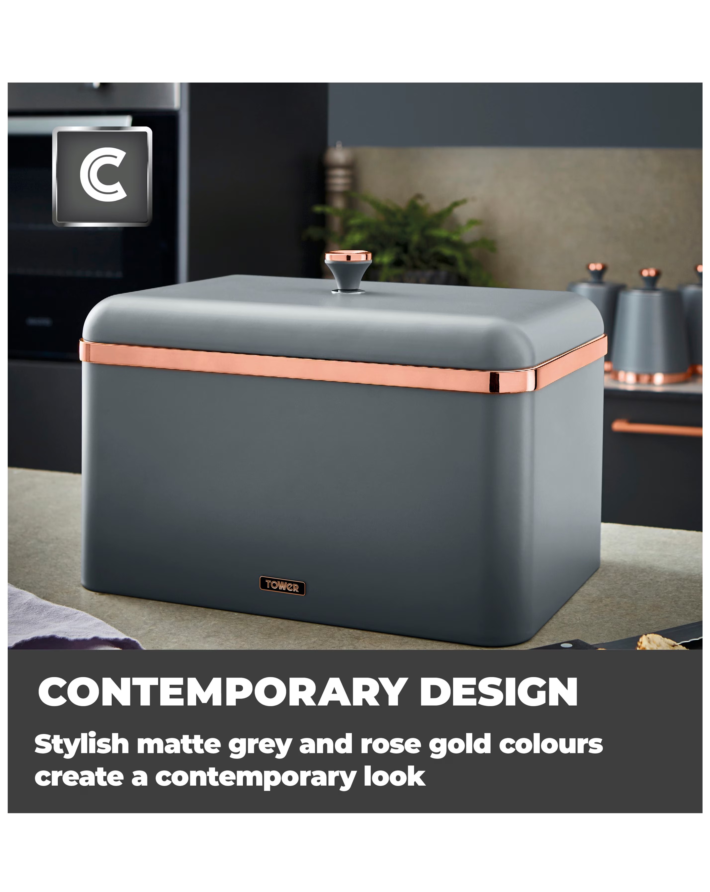Tower Cavaletto Bread Bin Grey 3 Tower Cavaletto Bread Bin Grey