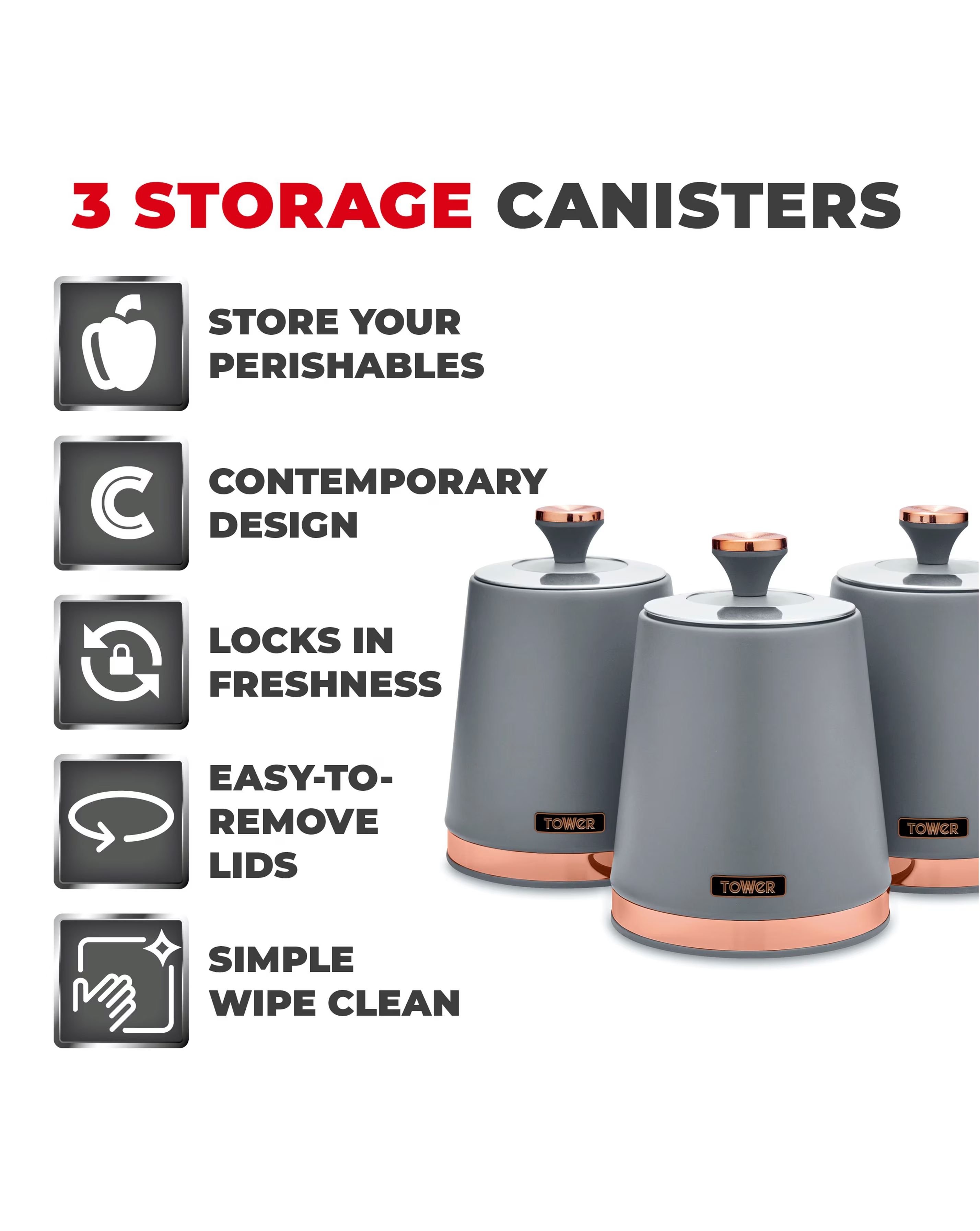 Tower Cavaletto Set of 3 Canisters Grey 8 Tower Cavaletto Set of 3 Canisters Grey