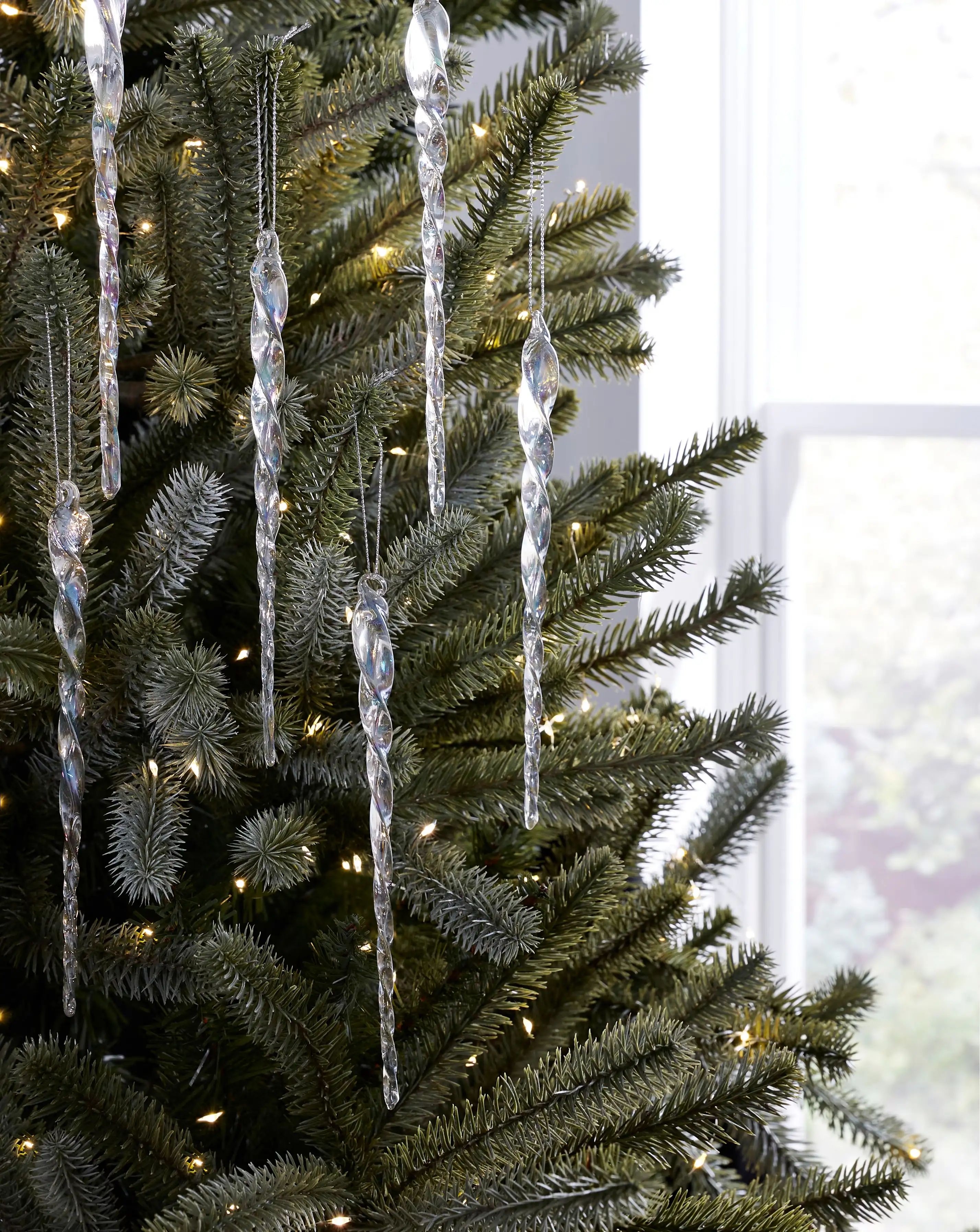 Set of 6 Clear Iridescent Glass Icicle Tree Decorations 1 Set of 6 Clear Iridescent Glass Icicle Tree Decorations