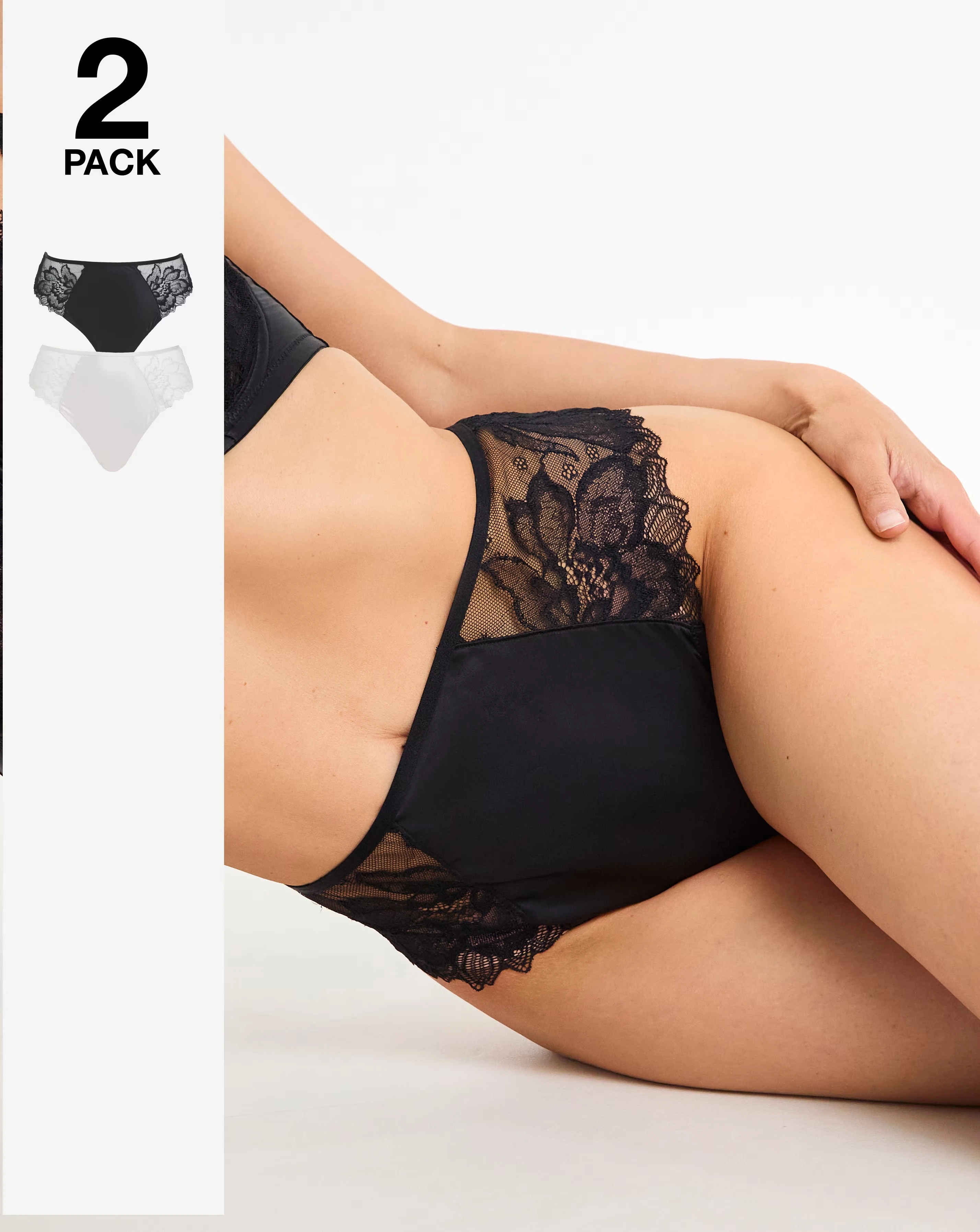 Pretty Secrets (2 Pack) Willow Stretch Lace High Leg Knickers Black/Cream