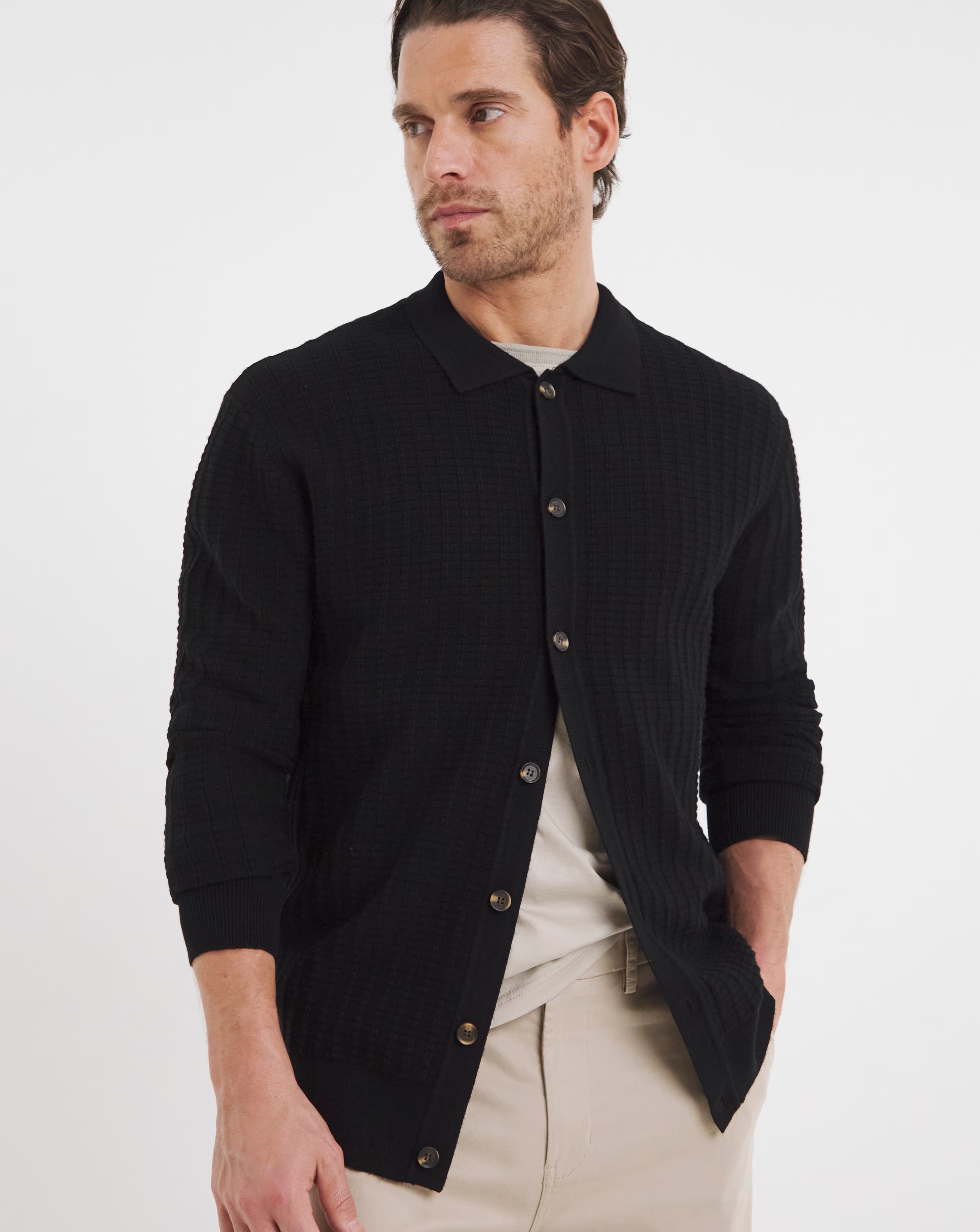 Black Soft Touch Textured Collared Cardigan