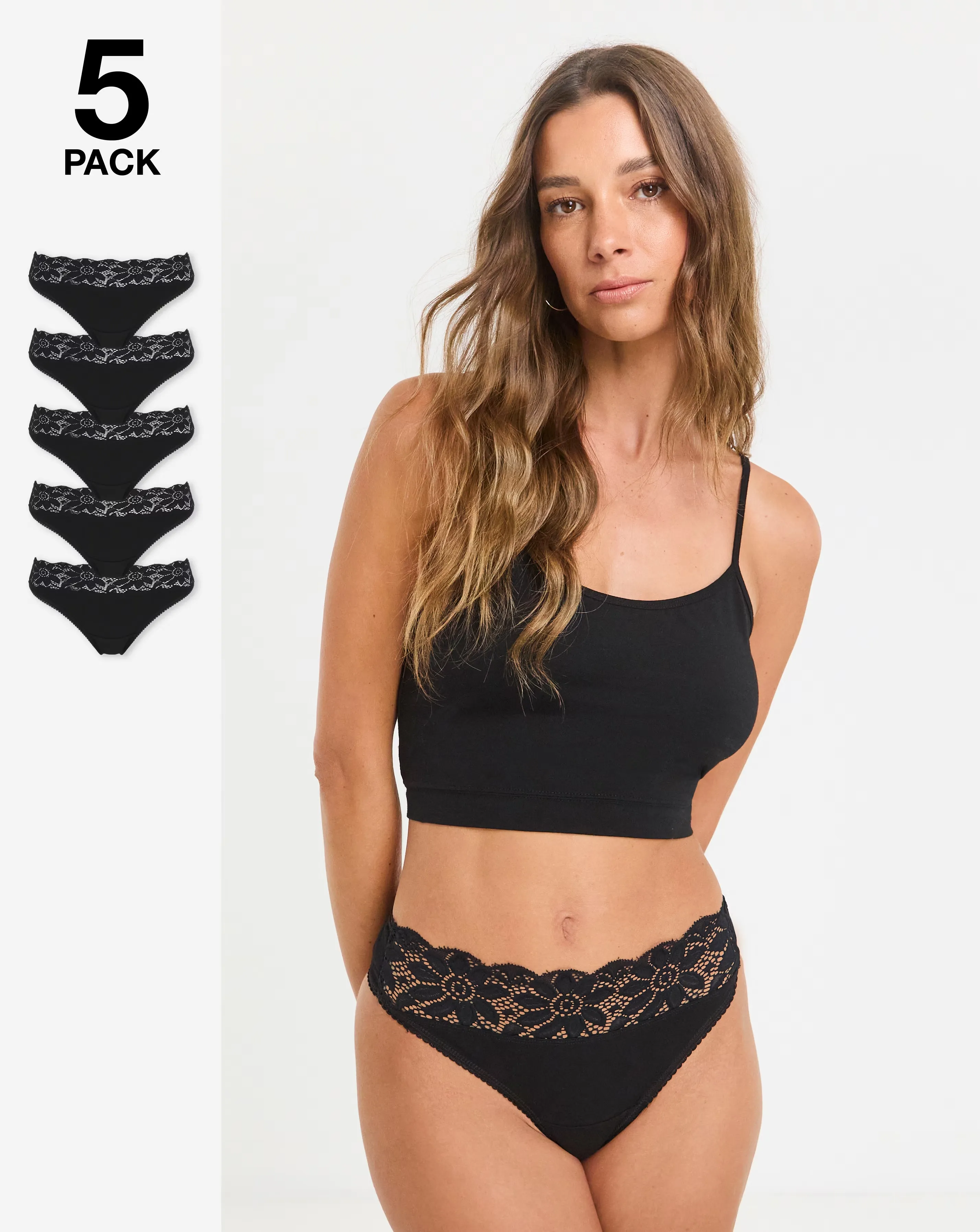 Pretty Secrets (5 Pack) Lace Top No VPL Thong Knickers Black 1 Pretty Secrets (5 Pack) Lace Top No VPL Thong Knickers Black