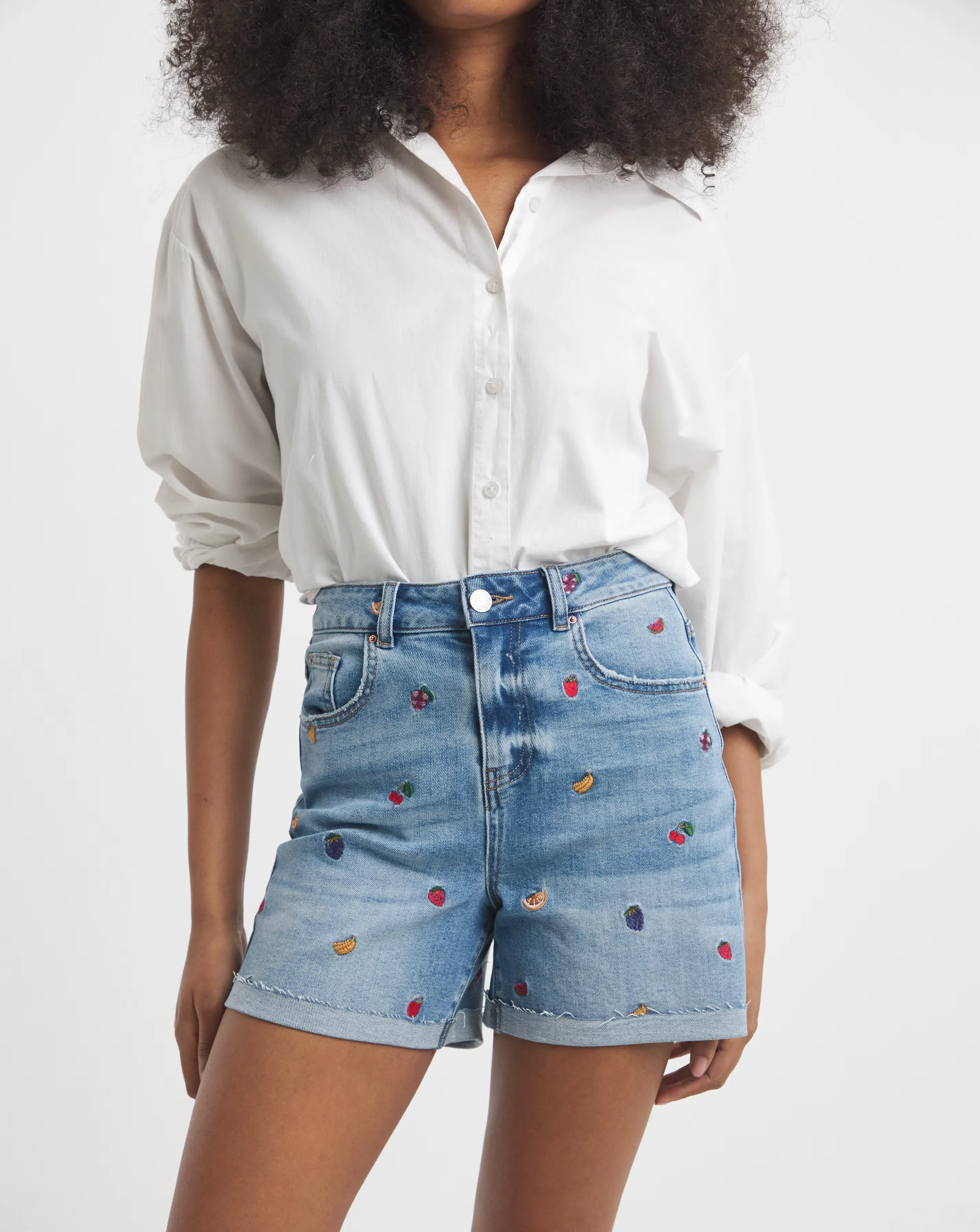 Simply Be Fruit Salad Embroidered Roll Hem Mom Short 7 Simply Be Fruit Salad Embroidered Roll Hem Mom Short