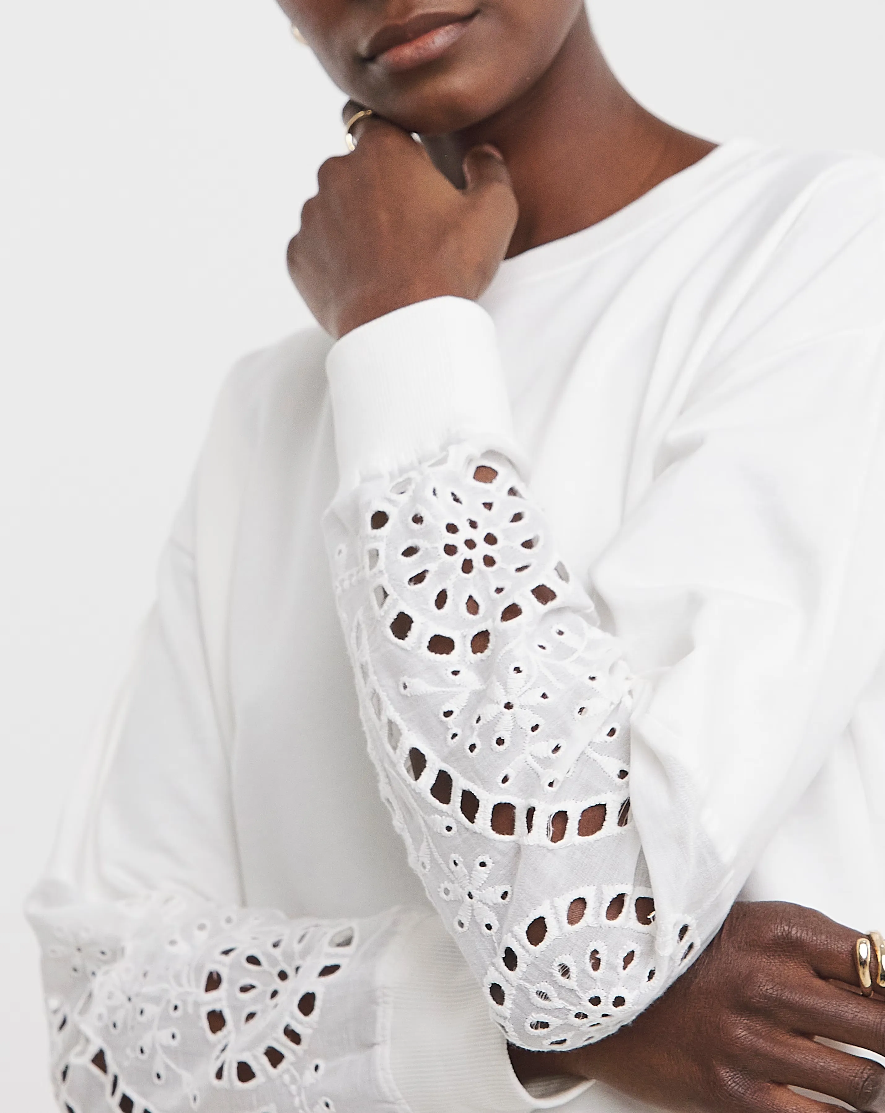 Pure Cotton White Broderie Sleeve Sweatshirt 3 Pure Cotton White Broderie Sleeve Sweatshirt