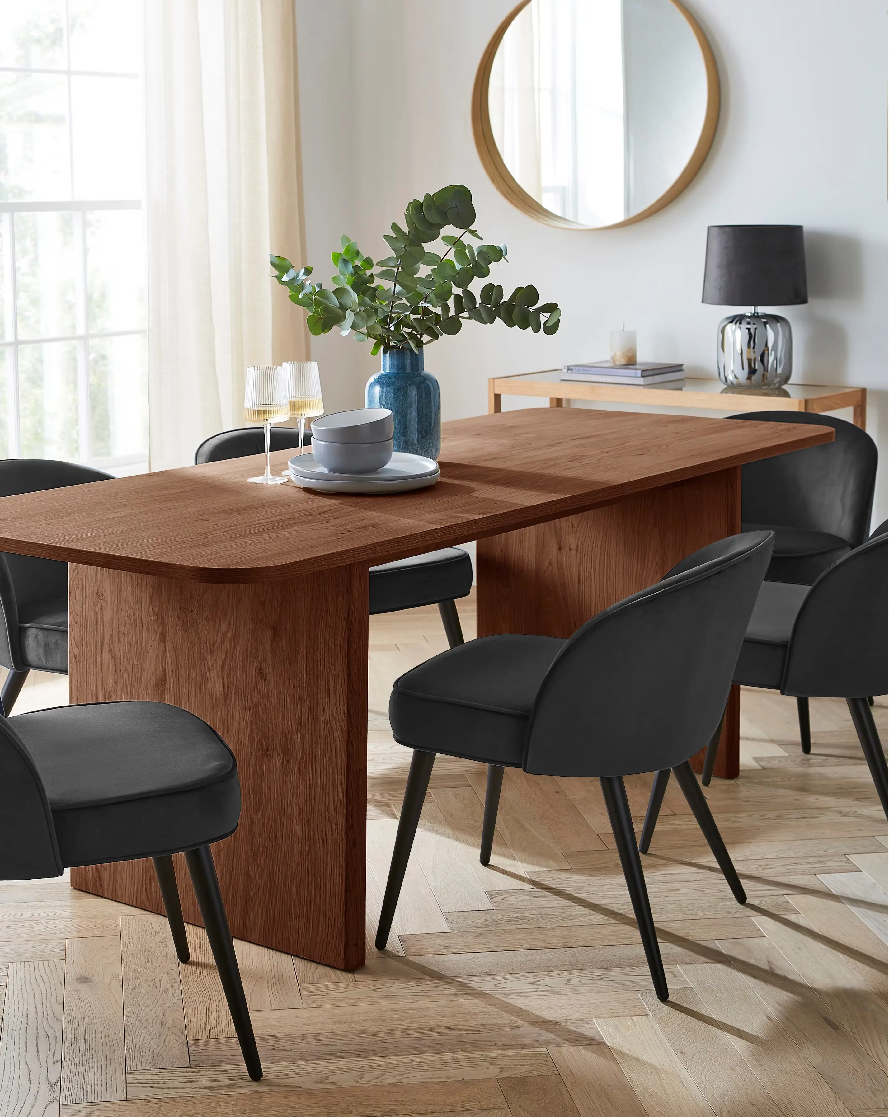 Oslo Panel End Dining Table with 6 Emilie Velvet Chairs 1 Oslo Panel End Dining Table with 6 Emilie Velvet Chairs