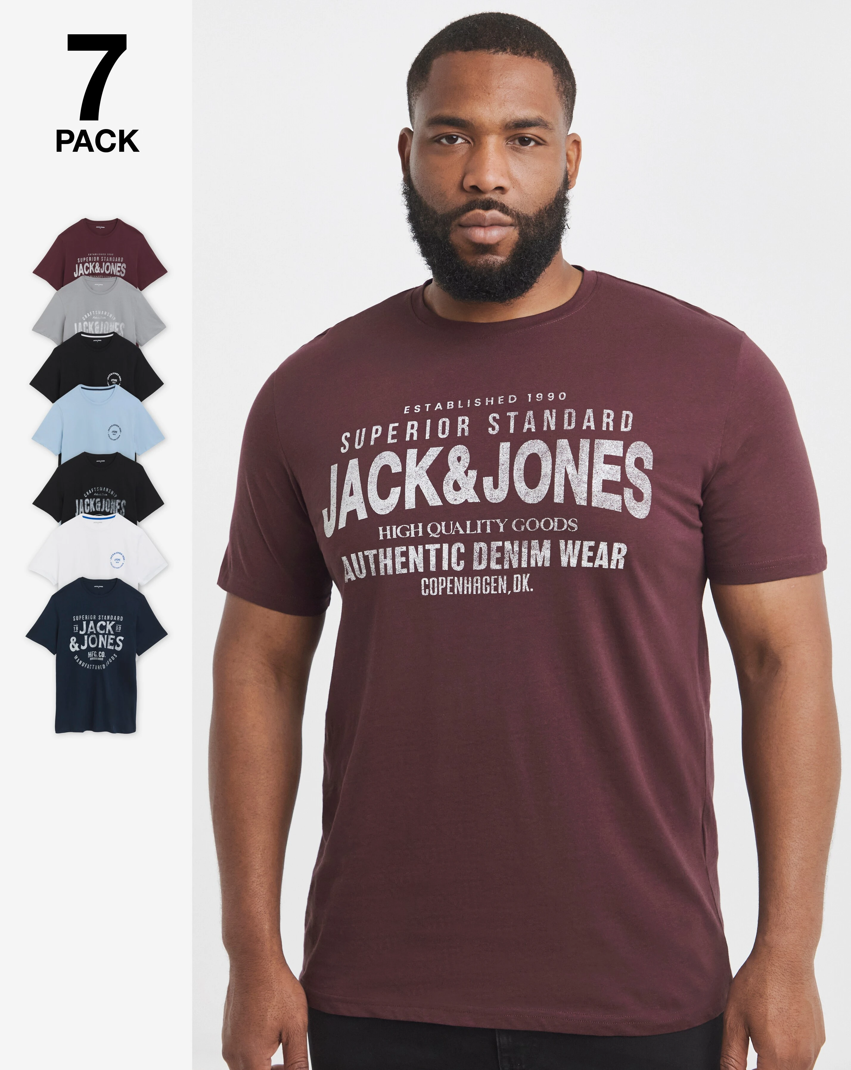 Jack & Jones Simon Logo T-Shirt 7 Pack - Multi 1 Jack & Jones Simon Logo T-Shirt 7 Pack - Multi
