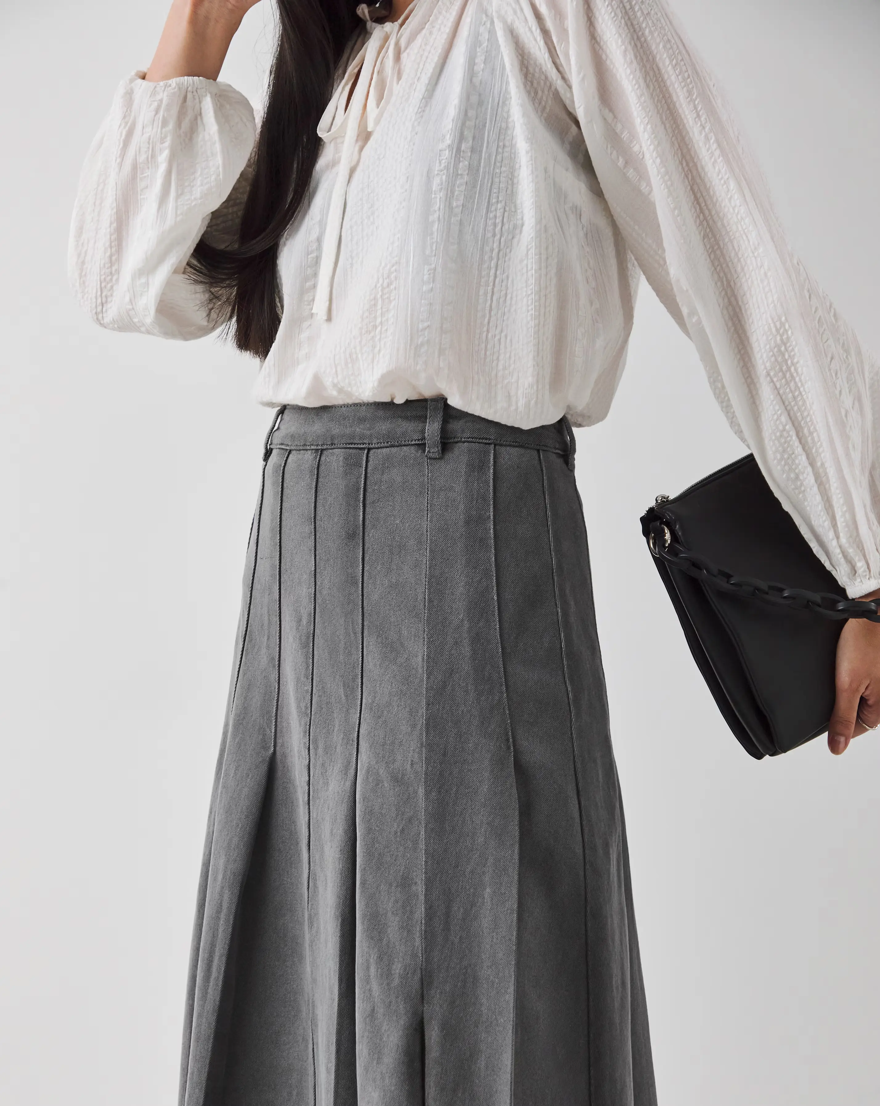 Grey Maxi Pleat Detail Denim Skirt 4 Grey Maxi Pleat Detail Denim Skirt