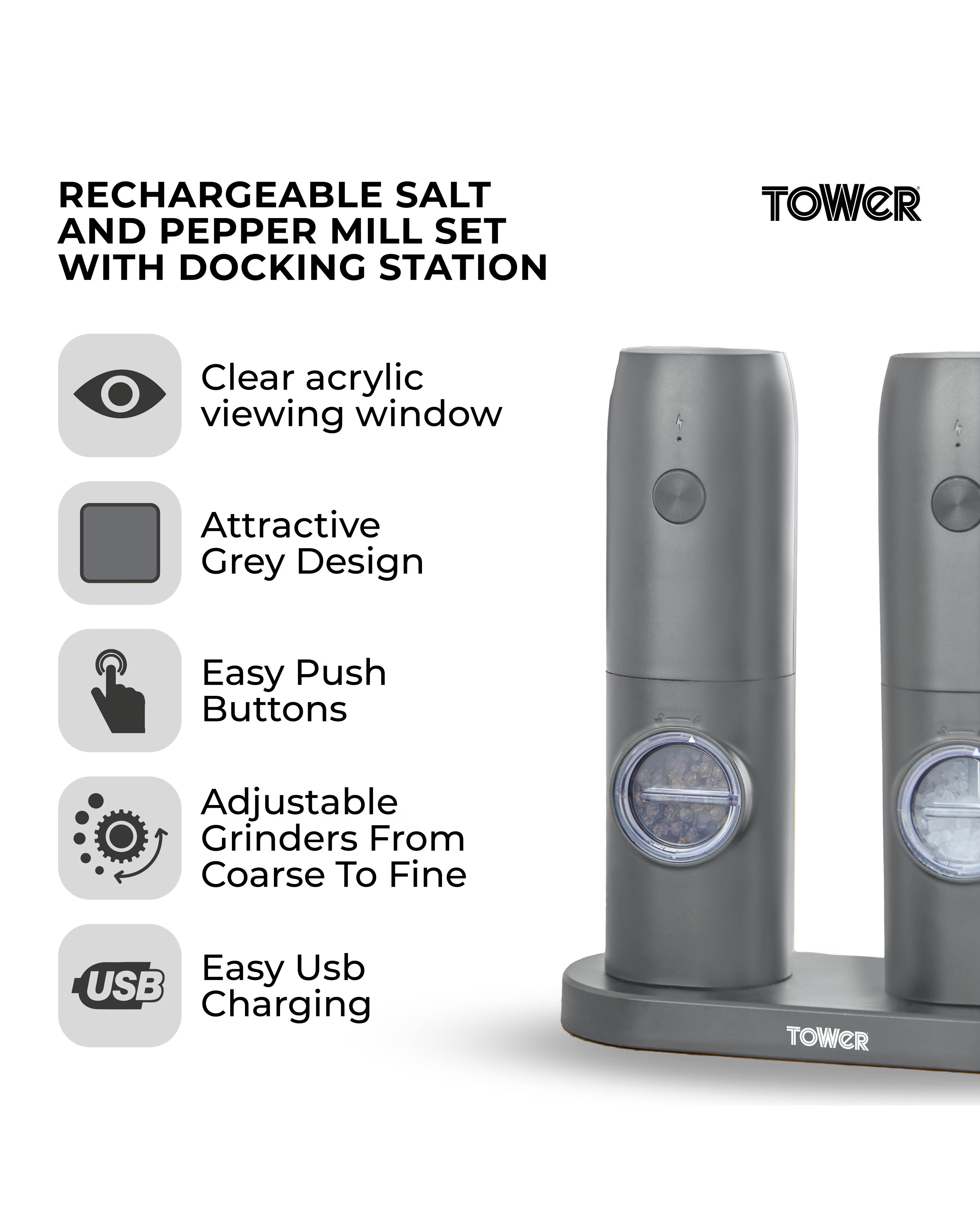 Tower Rechargeable Salt & Pepper Mill Grey 3 Tower Rechargeable Salt & Pepper Mill Grey