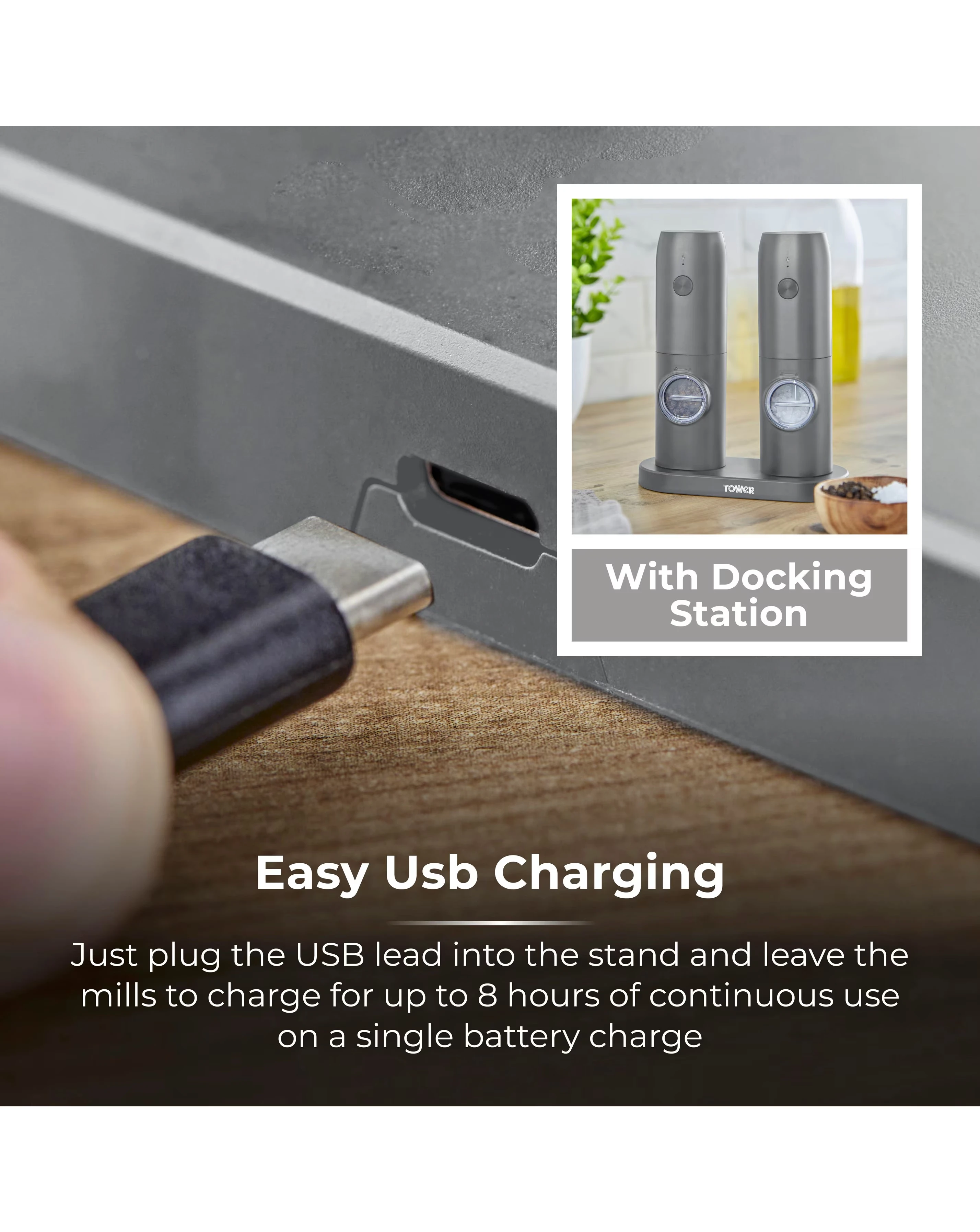 Tower Rechargeable Salt & Pepper Mill Grey 4 Tower Rechargeable Salt & Pepper Mill Grey