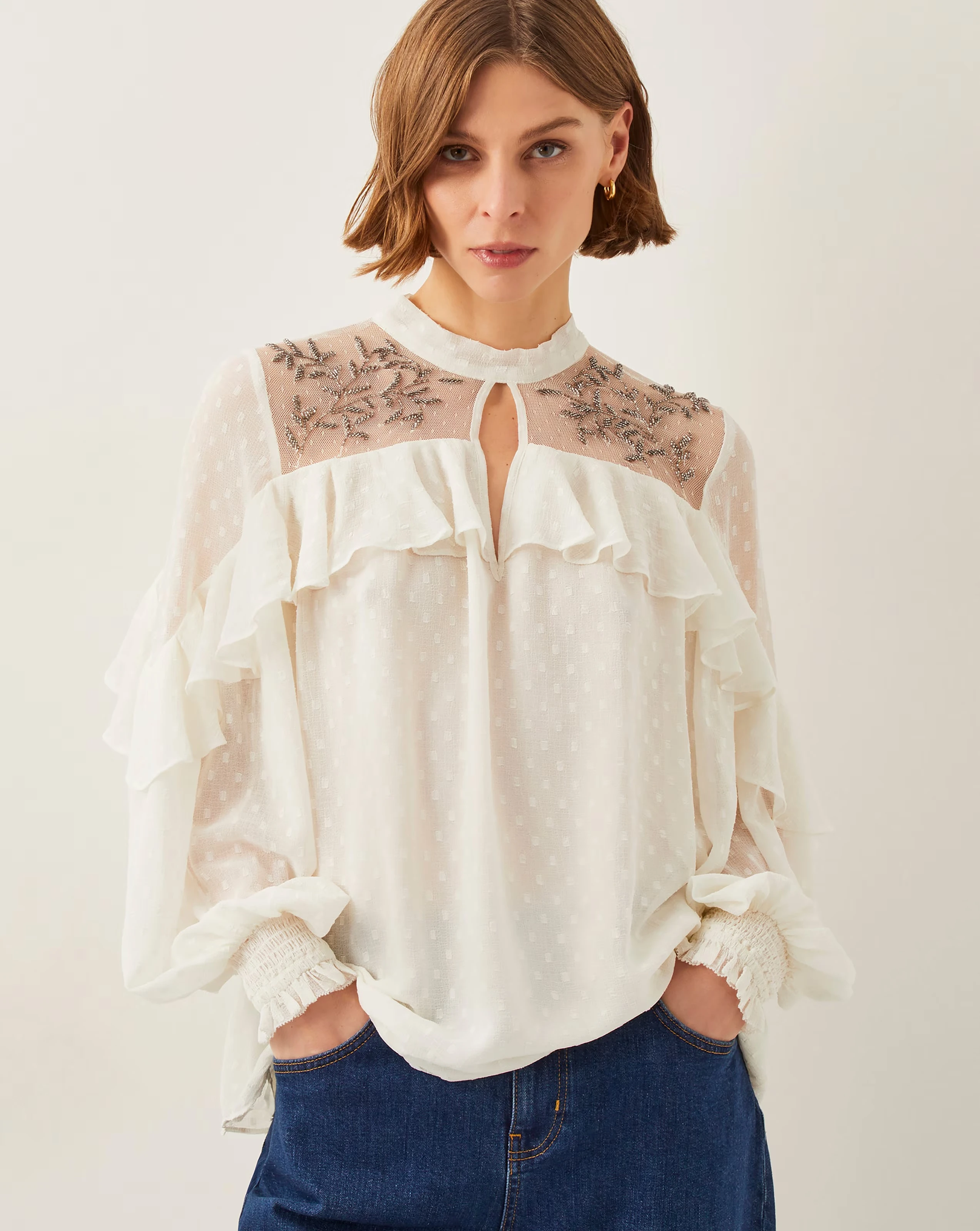 Monsoon Debbie Embellished Polka Dot Ruffle Blouse 1 Monsoon Debbie Embellished Polka Dot Ruffle Blouse